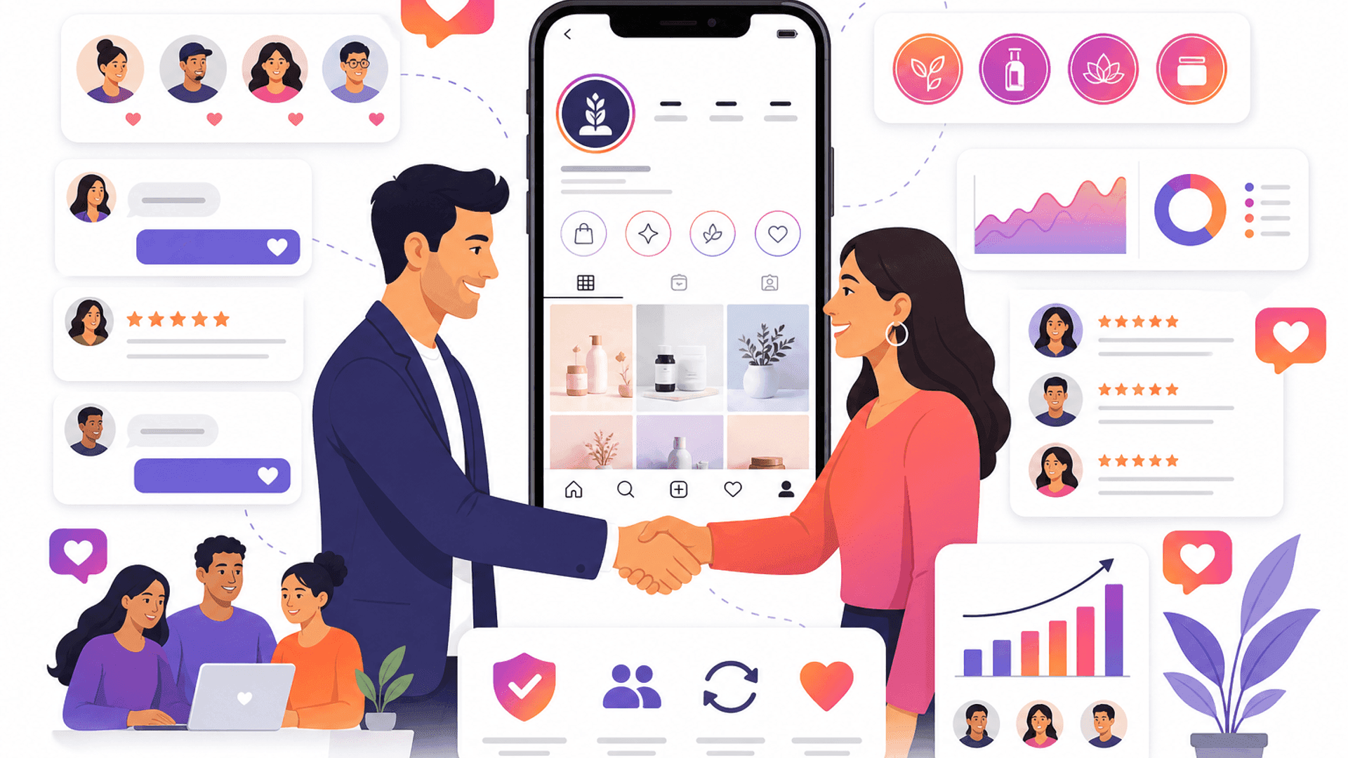 Illustration showing how businesses build trust on Instagram through authentic content, customer engagement, consistent branding and social proof.