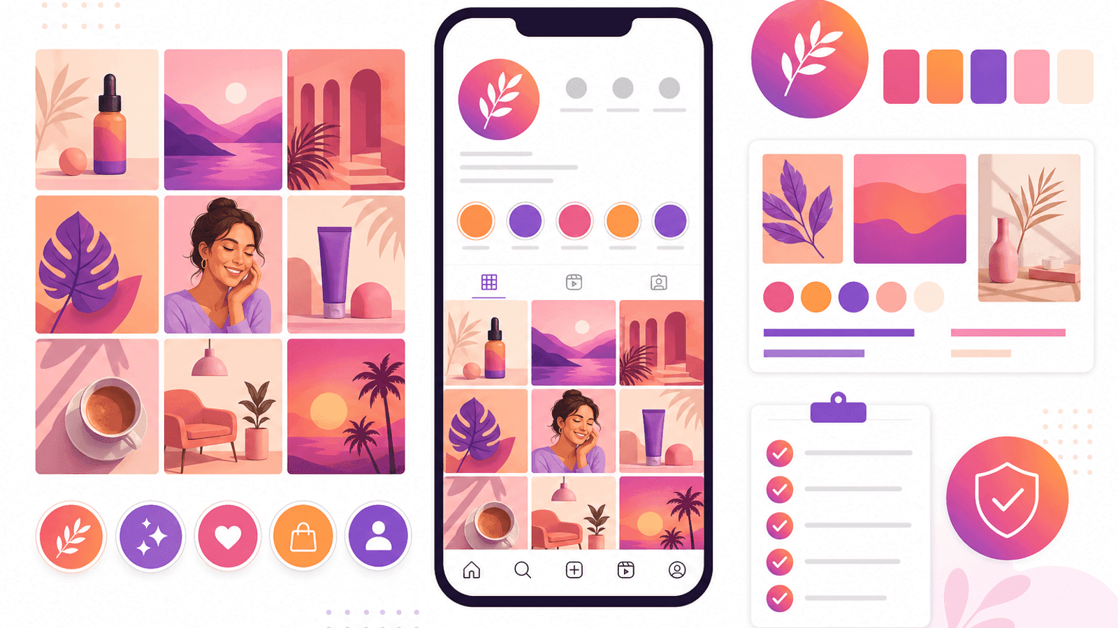 Instagram branding illustration showing consistent colours, profile identity, visual style and content branding across multiple posts.