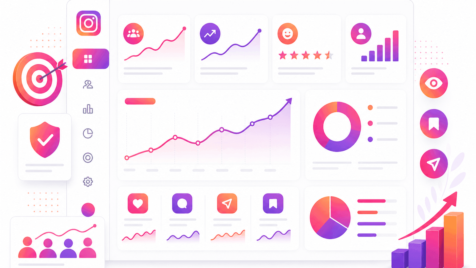 Instagram business credibility dashboard displaying audience engagement, customer satisfaction, profile performance and long-term growth metrics.