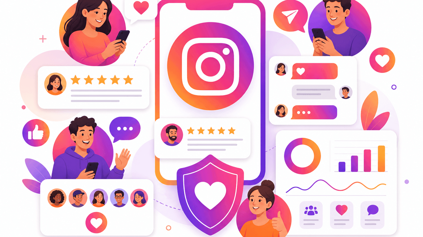 Illustration showing customer trust on Instagram through conversations, testimonials, community engagement and positive feedback.
