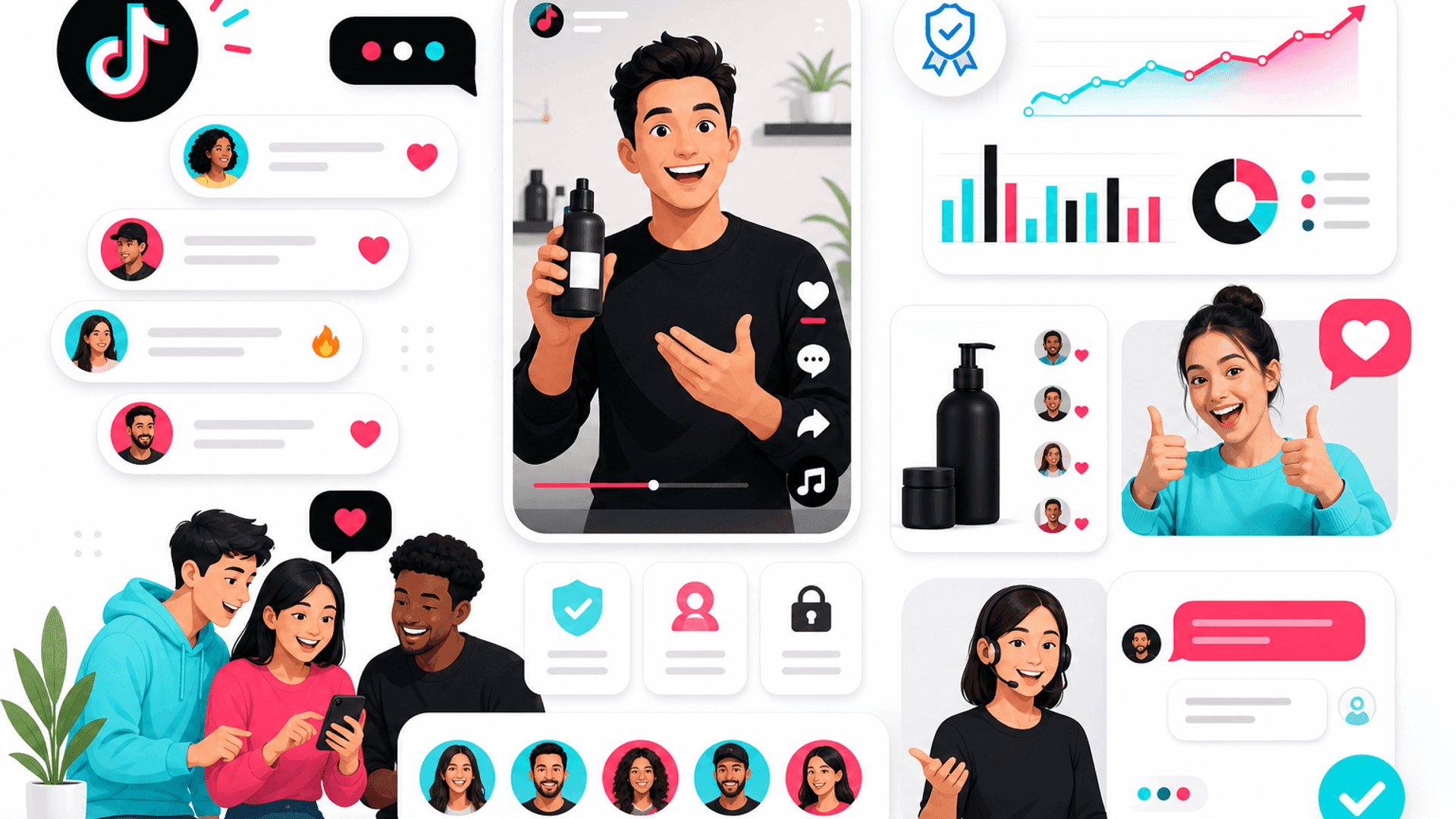 Illustration showing a business building trust on TikTok through authentic content, customer engagement, transparency, social proof and brand credibility.
