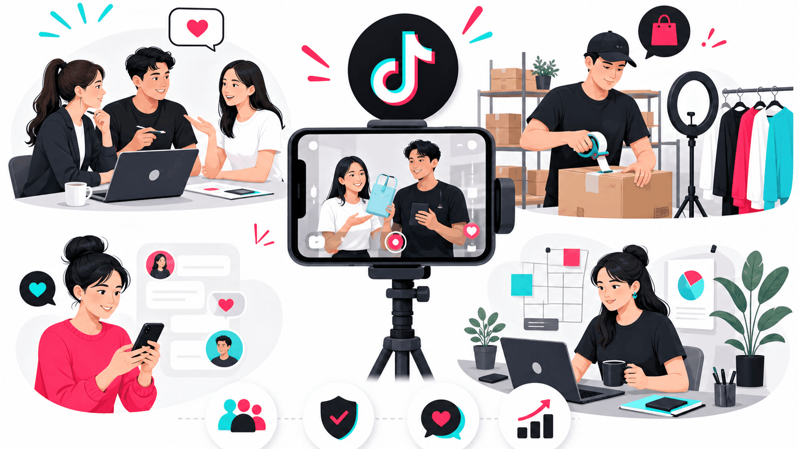 Illustration showing authentic TikTok business content with team members, behind-the-scenes videos, transparent communication and customer interaction.