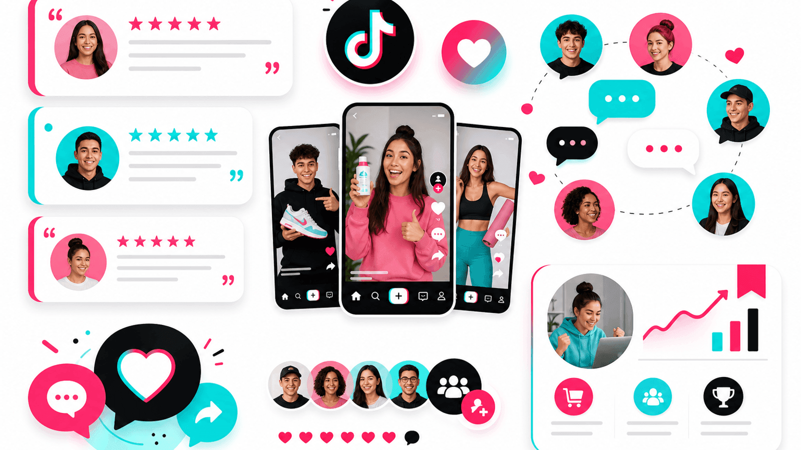 Illustration showing social proof on TikTok through customer reviews, testimonials, user-generated content and positive community engagement.