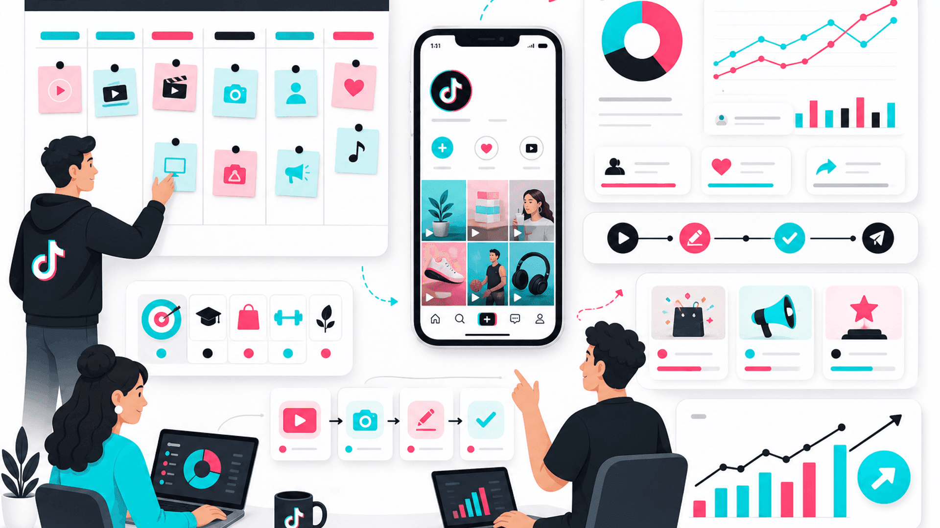 Illustration showing a TikTok content calendar for businesses with weekly planning, content pillars, publishing schedule, analytics and campaign management.