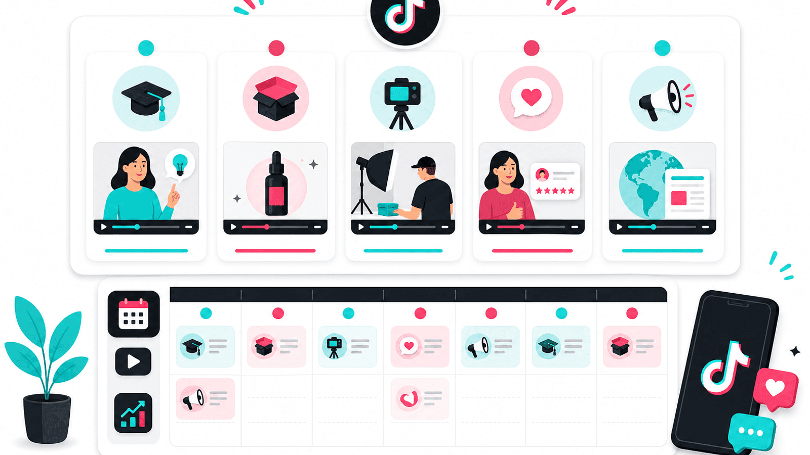 Illustration showing TikTok content pillars for businesses including educational videos, product demonstrations, customer stories, behind-the-scenes content and industry updates.
