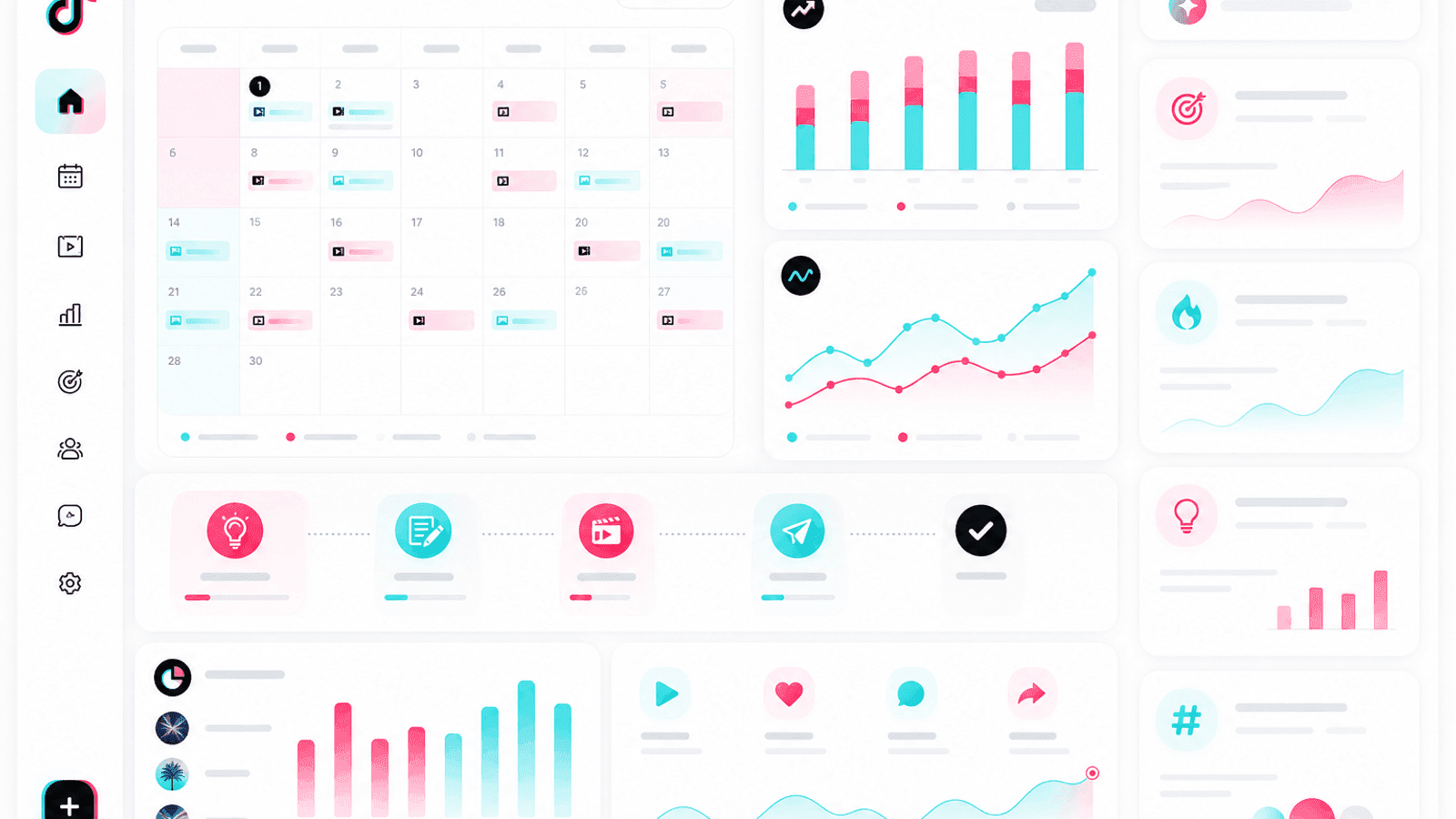 TikTok content planning dashboard displaying publishing consistency, campaign performance, engagement metrics and monthly planning insights.
