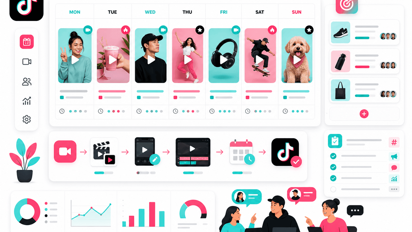Illustration showing a weekly TikTok content calendar with scheduled videos, publishing workflow, campaign planning and marketing organization.