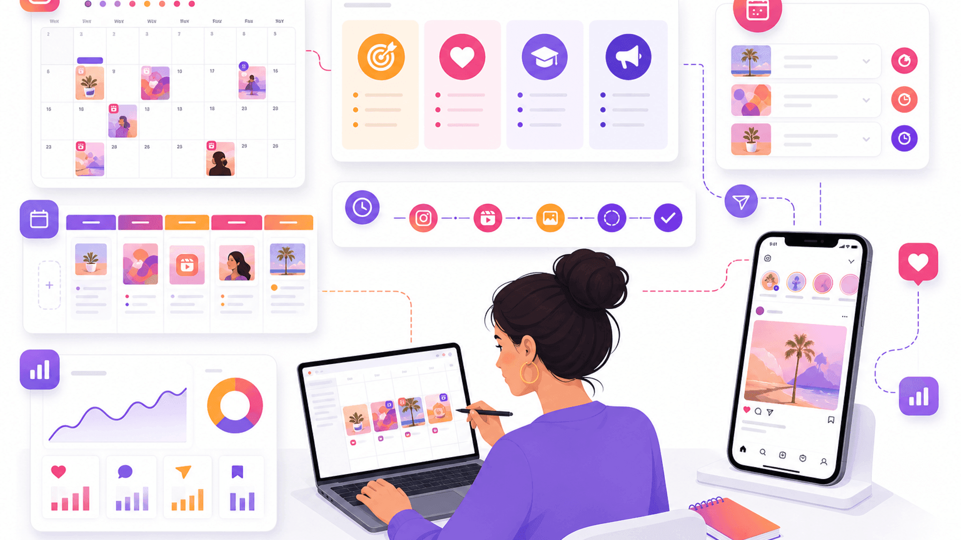 Illustration showing an Instagram content calendar with monthly planning, scheduled posts, content pillars and performance analytics.
