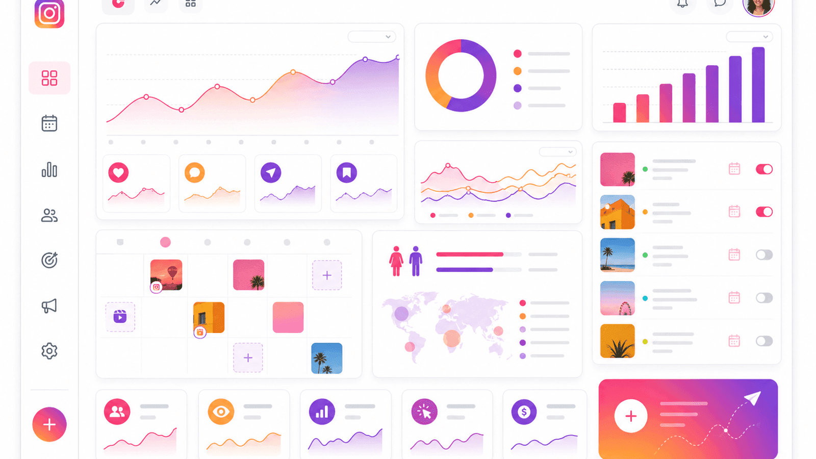 Instagram content planning analytics dashboard displaying publishing performance, engagement trends and monthly reporting.