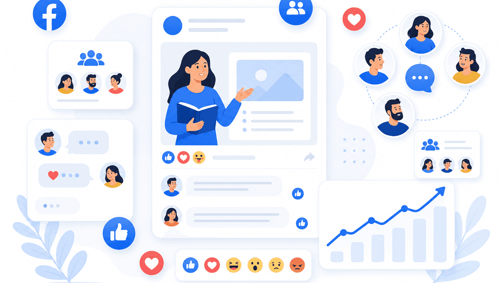 Illustration showing Facebook community engagement through educational posts, meaningful discussions, comments, reactions, Groups and audience interaction.
