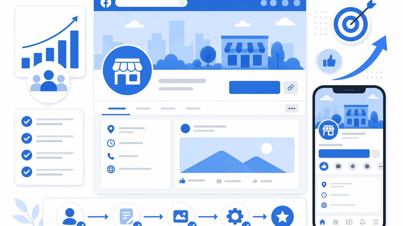 Illustration showing Facebook Page optimization with professional branding, profile setup, cover image, call-to-action button and business information.