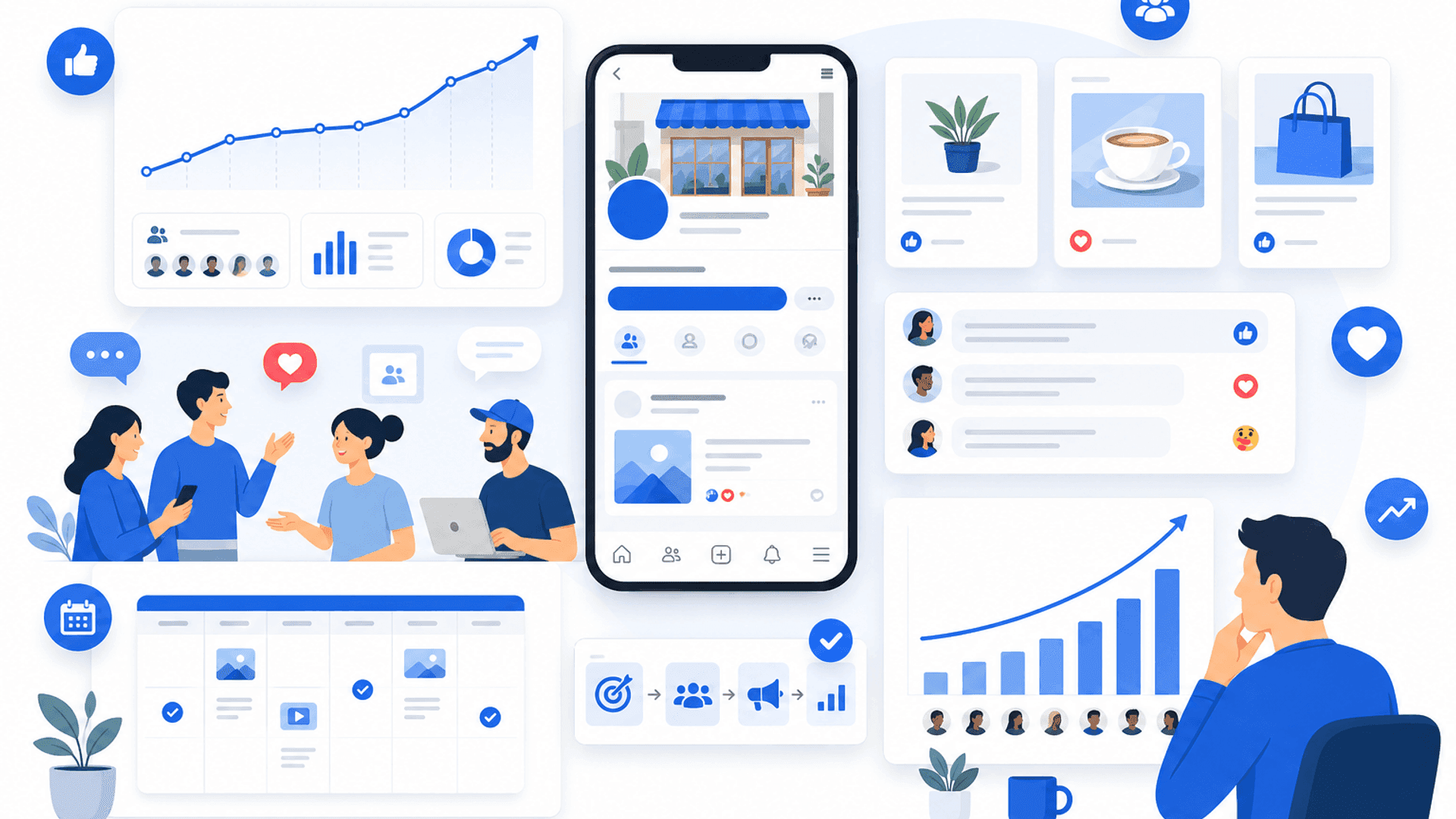 Illustration showing strategies to grow Facebook followers through valuable content, Page optimization, audience engagement, community building and performance analytics.