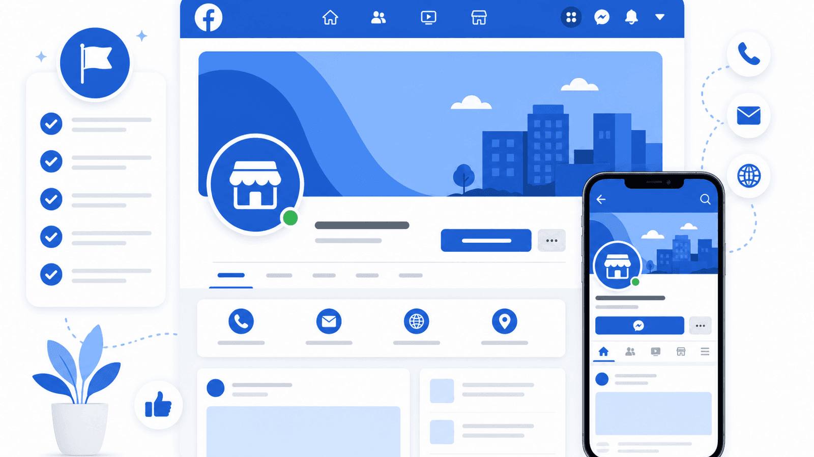 Illustration showing Facebook Business Page optimization with profile photo, cover image, branding, business information and call-to-action button.