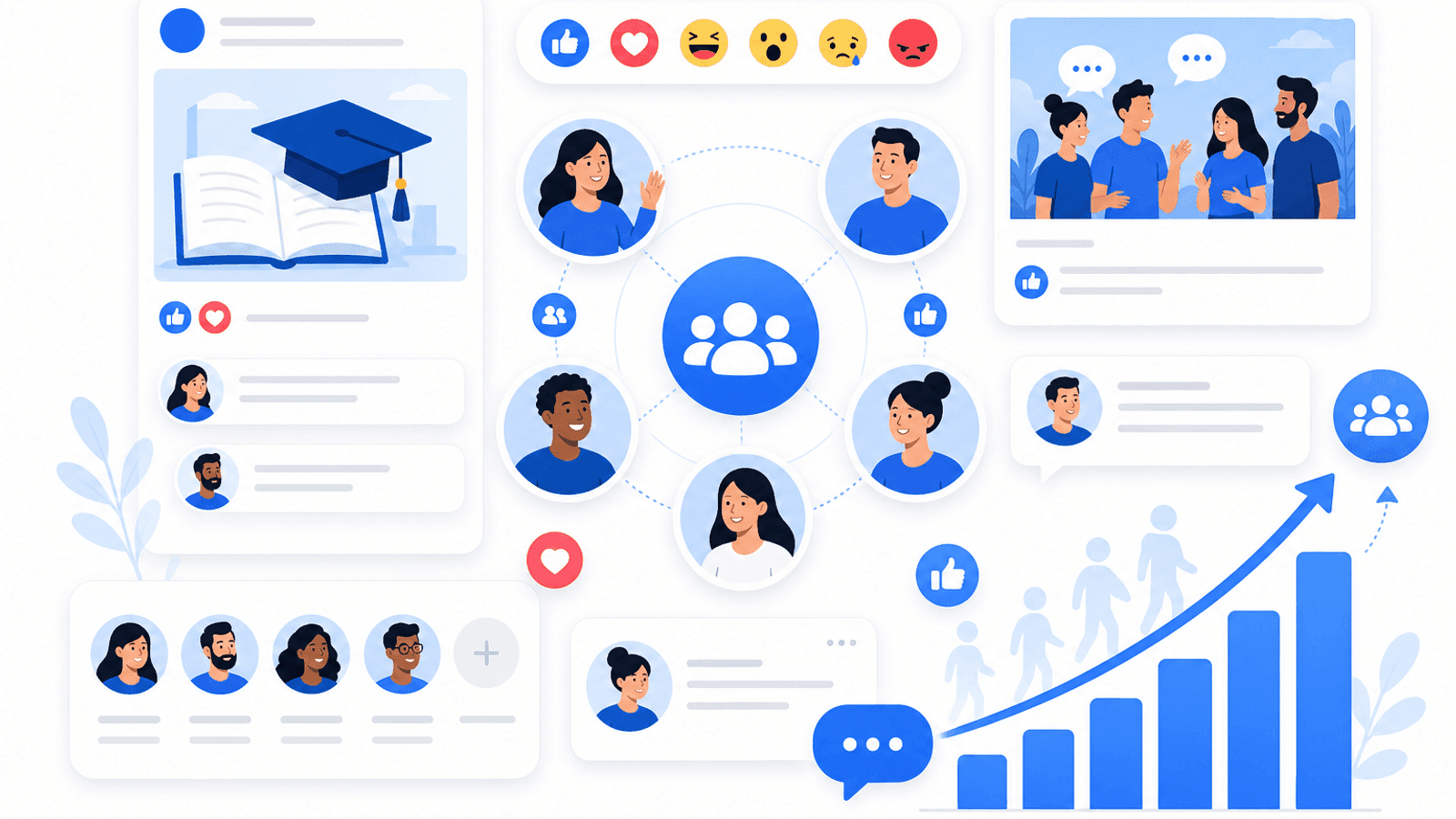 Illustration showing Facebook community growth through discussions, customer engagement, Groups, educational posts and meaningful interactions.