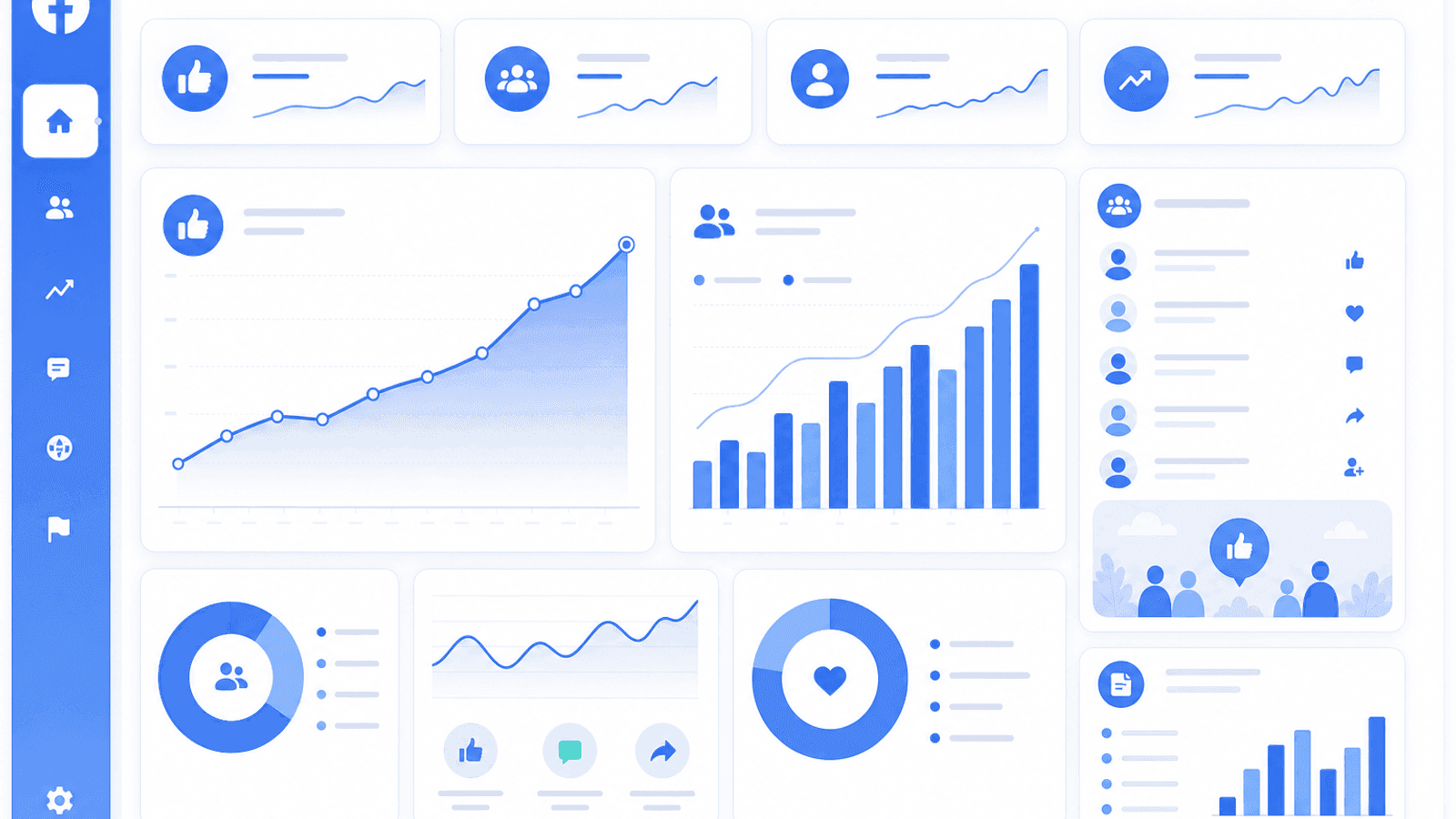 Business analytics dashboard displaying Facebook Page Likes, audience growth, profile visits, engagement rate and monthly Page performance.