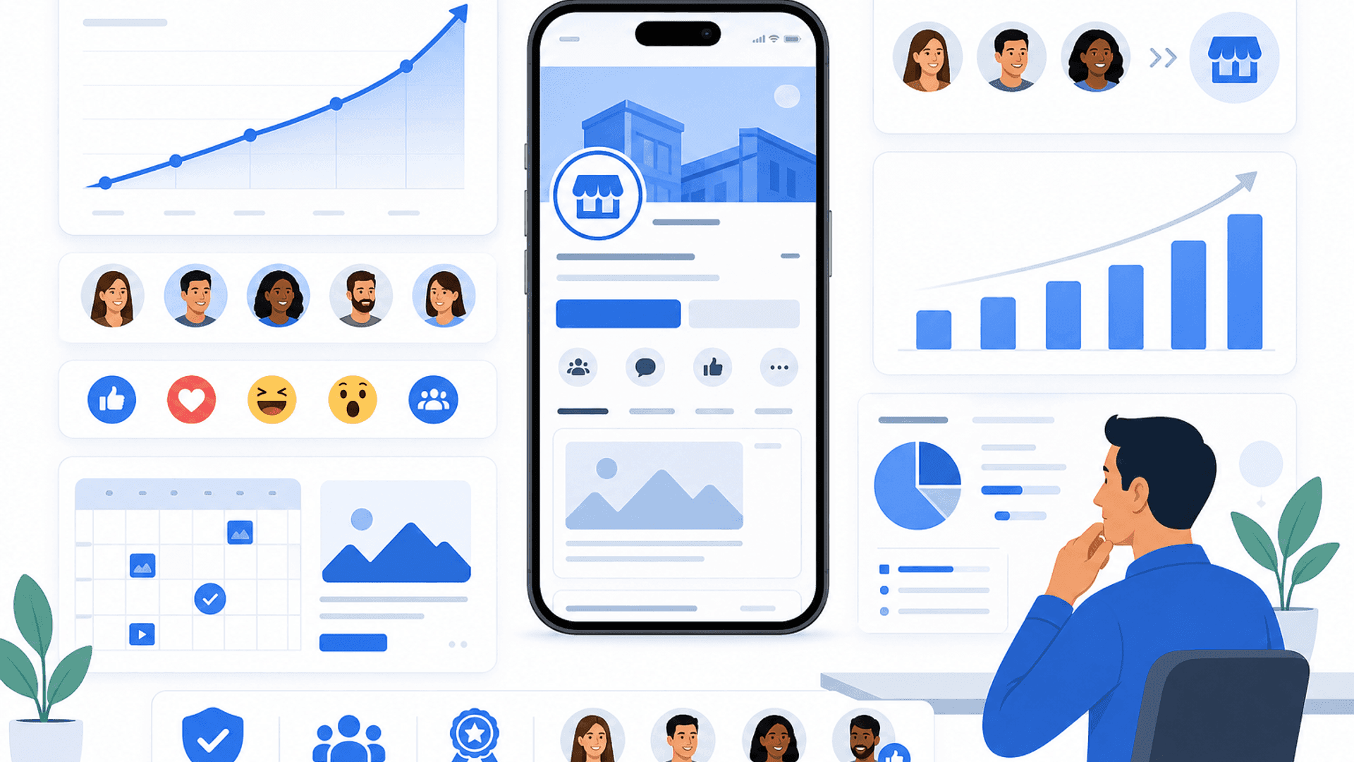 Illustration showing a business growing Facebook Page Likes through valuable content, Page optimization, community engagement, branding and audience growth.