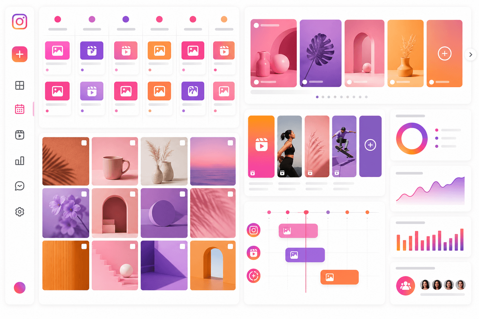 Instagram content planning dashboard displaying post schedule, carousel ideas, reels planning and publishing calendar.