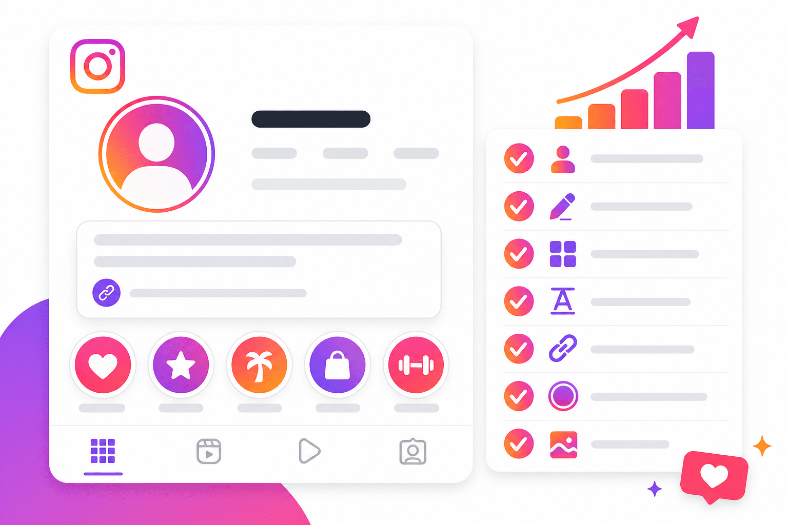Instagram profile optimization checklist showing profile photo, bio, username, website link and story highlights.