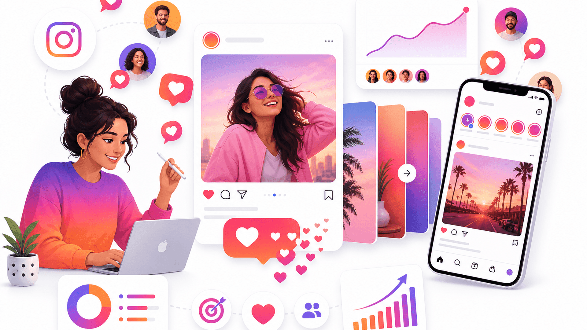 Illustration showing strategies to get more Instagram likes through quality content, audience engagement and performance analytics.