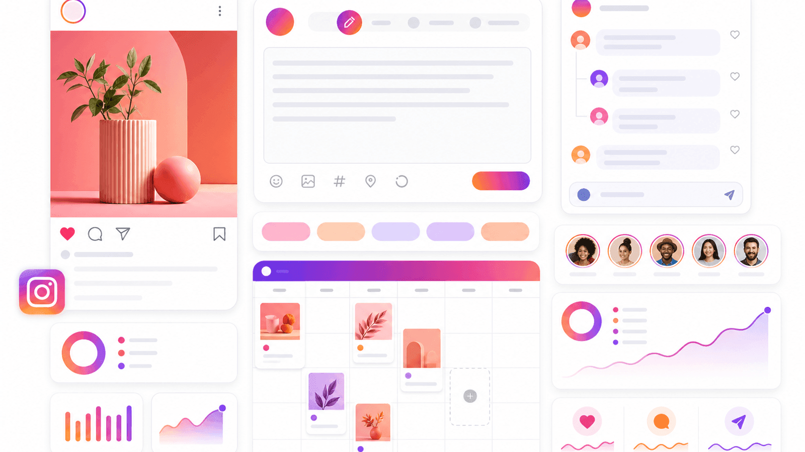 Instagram caption strategy illustration showing engaging captions, audience interaction and content planning.