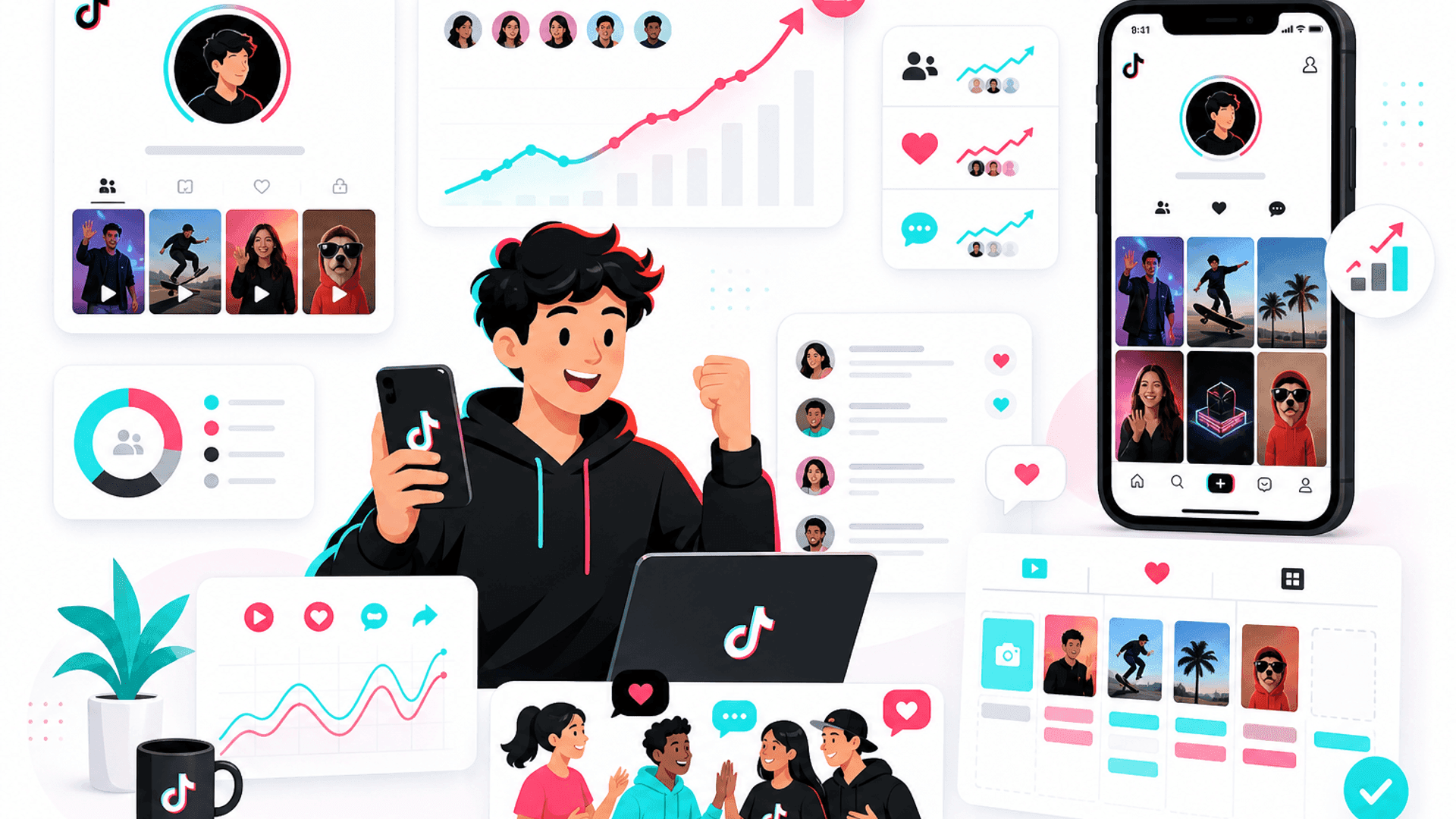 Illustration showing strategies to grow TikTok followers through engaging videos, profile optimization, audience interaction and analytics.