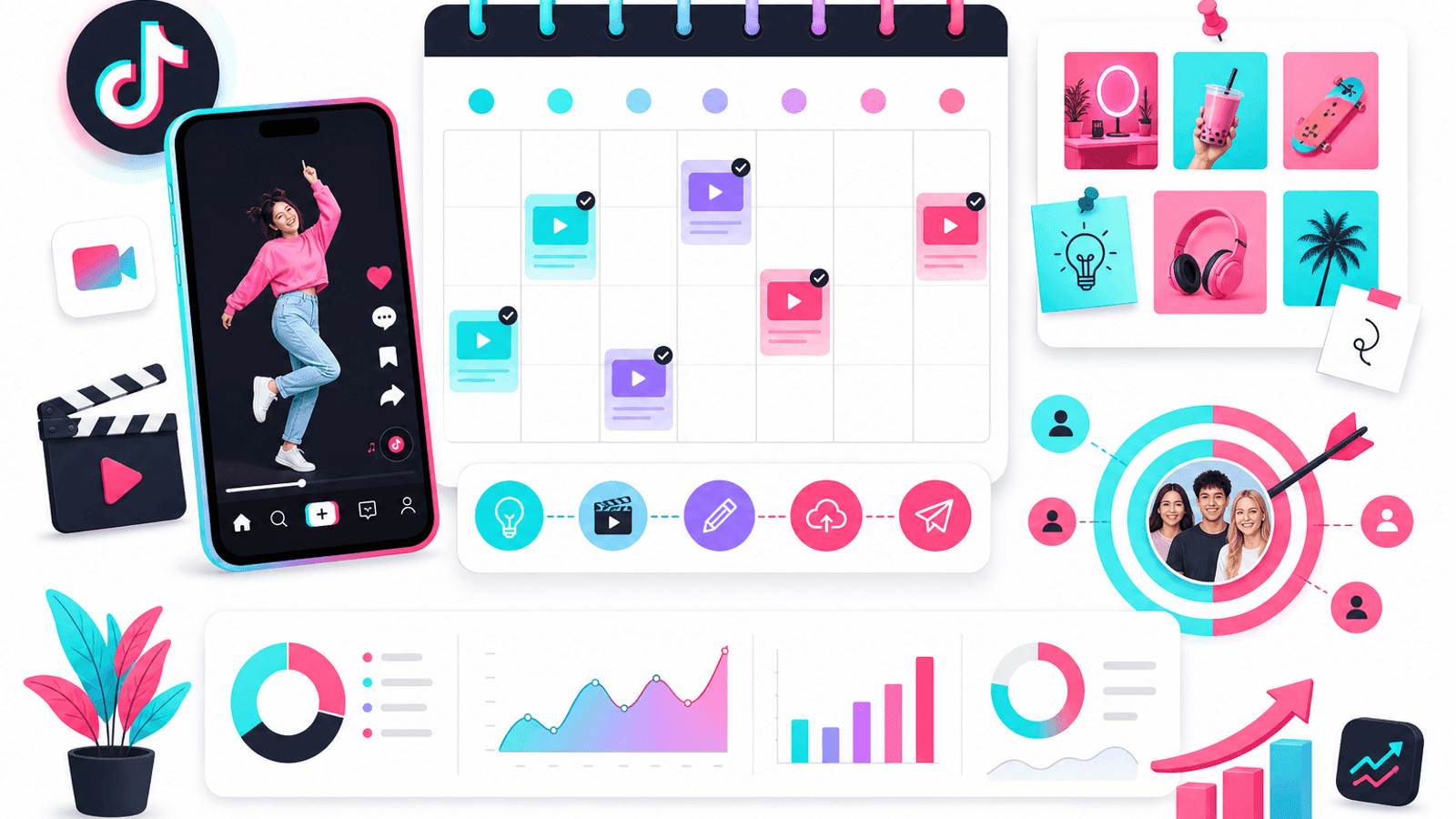 TikTok content strategy illustration showing video planning, publishing schedule, content ideas and audience engagement workflow.