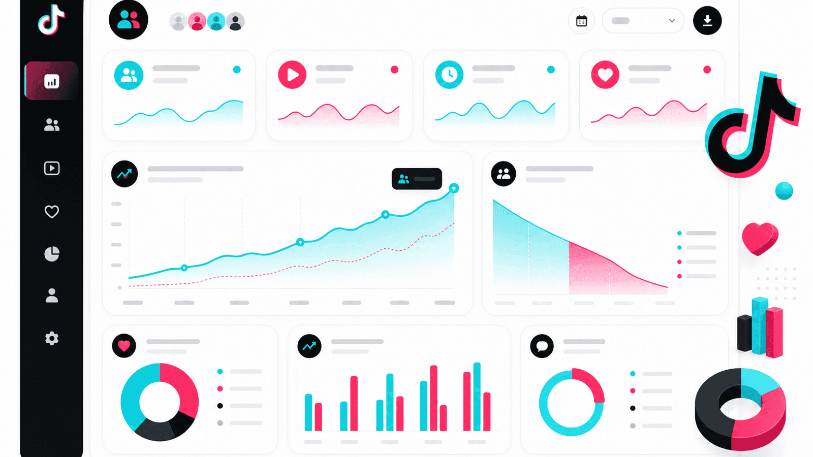 TikTok analytics dashboard displaying follower growth, video views, watch time, engagement and audience insights.