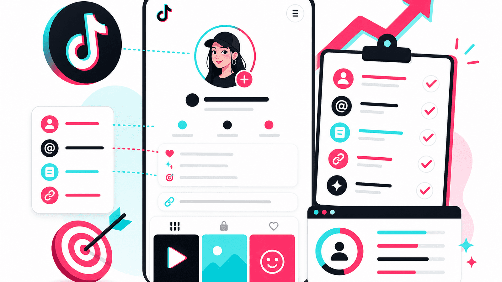 TikTok profile optimization illustration showing profile photo, bio, username, branding and account setup for better follower growth.