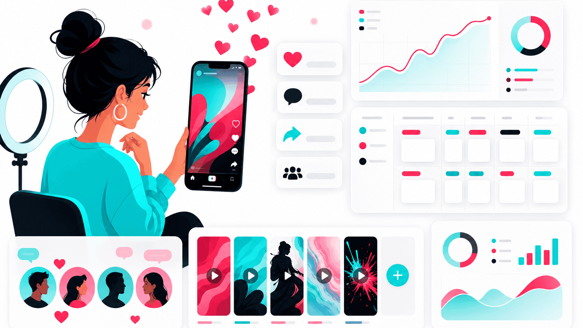 Illustration showing strategies to increase TikTok likes through engaging videos, audience interaction, content optimization and performance analytics.
