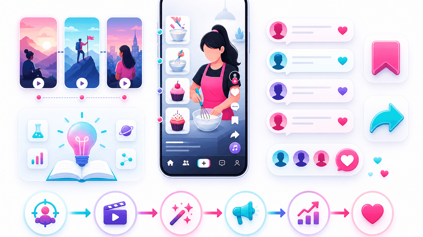Illustration showing high-engagement TikTok content including tutorials, educational videos, storytelling and audience interaction.