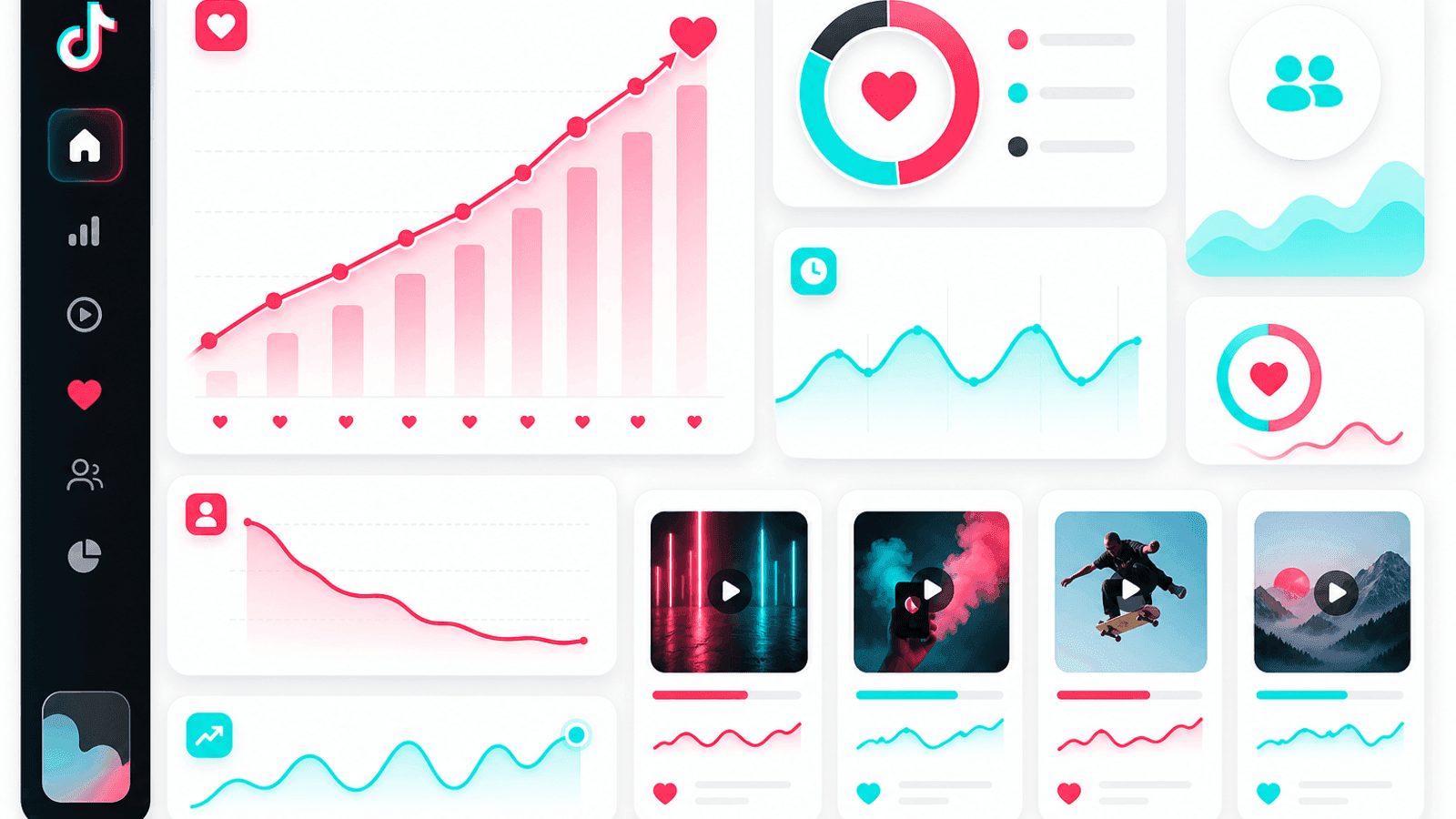 TikTok analytics dashboard displaying likes, engagement rate, watch time, audience retention and video performance metrics.
