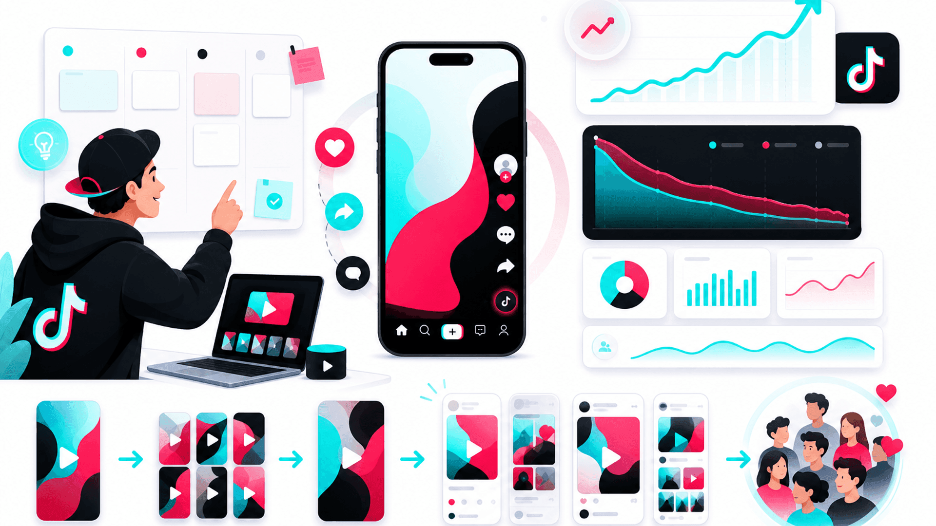 Illustration showing strategies to increase TikTok video views through engaging content, audience retention, watch time optimization and performance analytics.