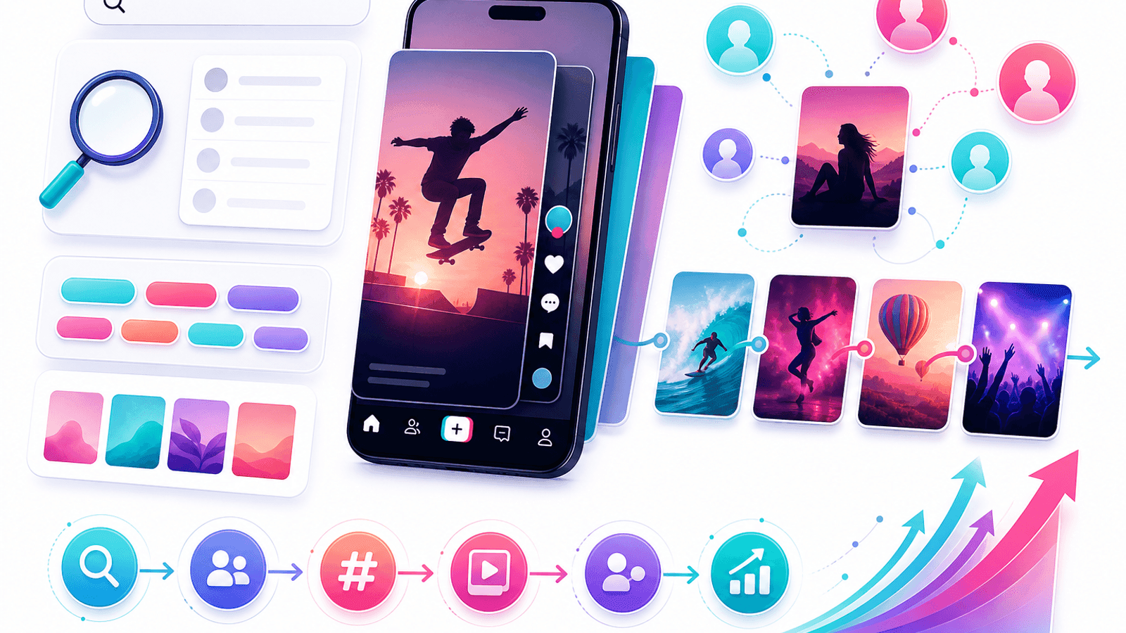 Illustration showing TikTok video discovery through the For You feed, search optimization, hashtags and audience recommendations.