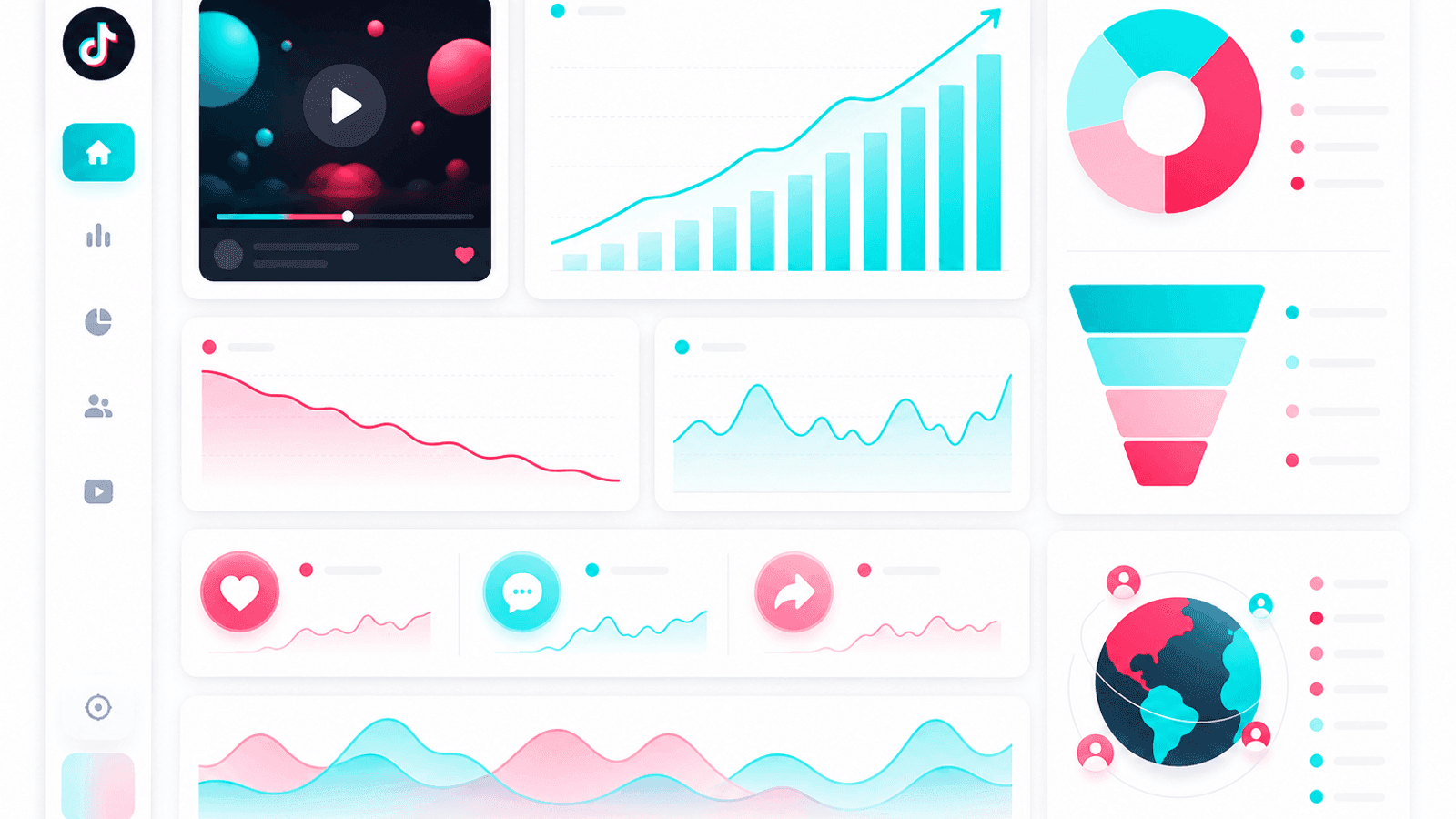 TikTok analytics dashboard displaying video views, audience retention, traffic sources, watch time and long-term performance metrics.
