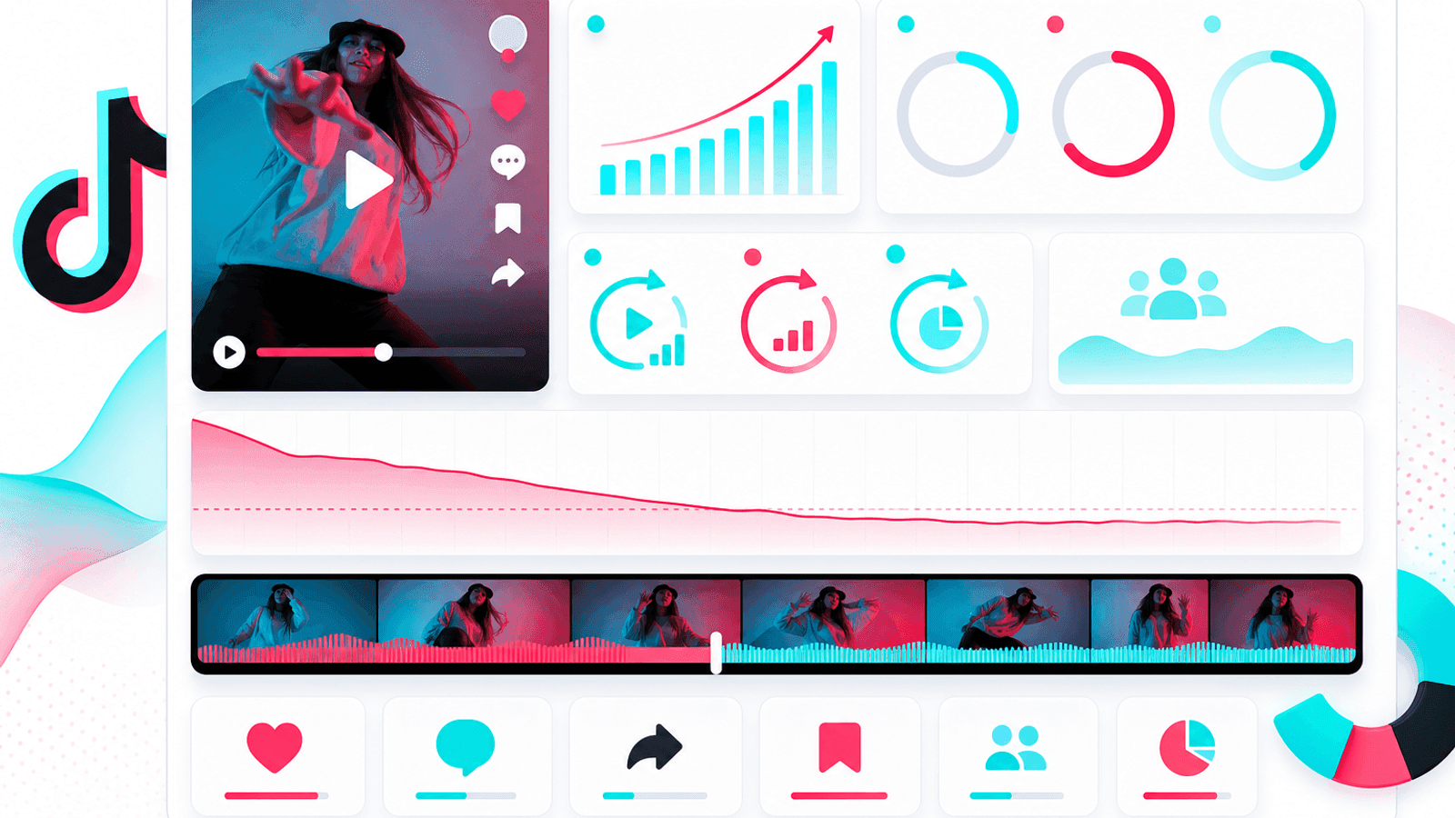 TikTok audience retention illustration showing watch time, video completion rate, replay rate and viewer engagement analytics.
