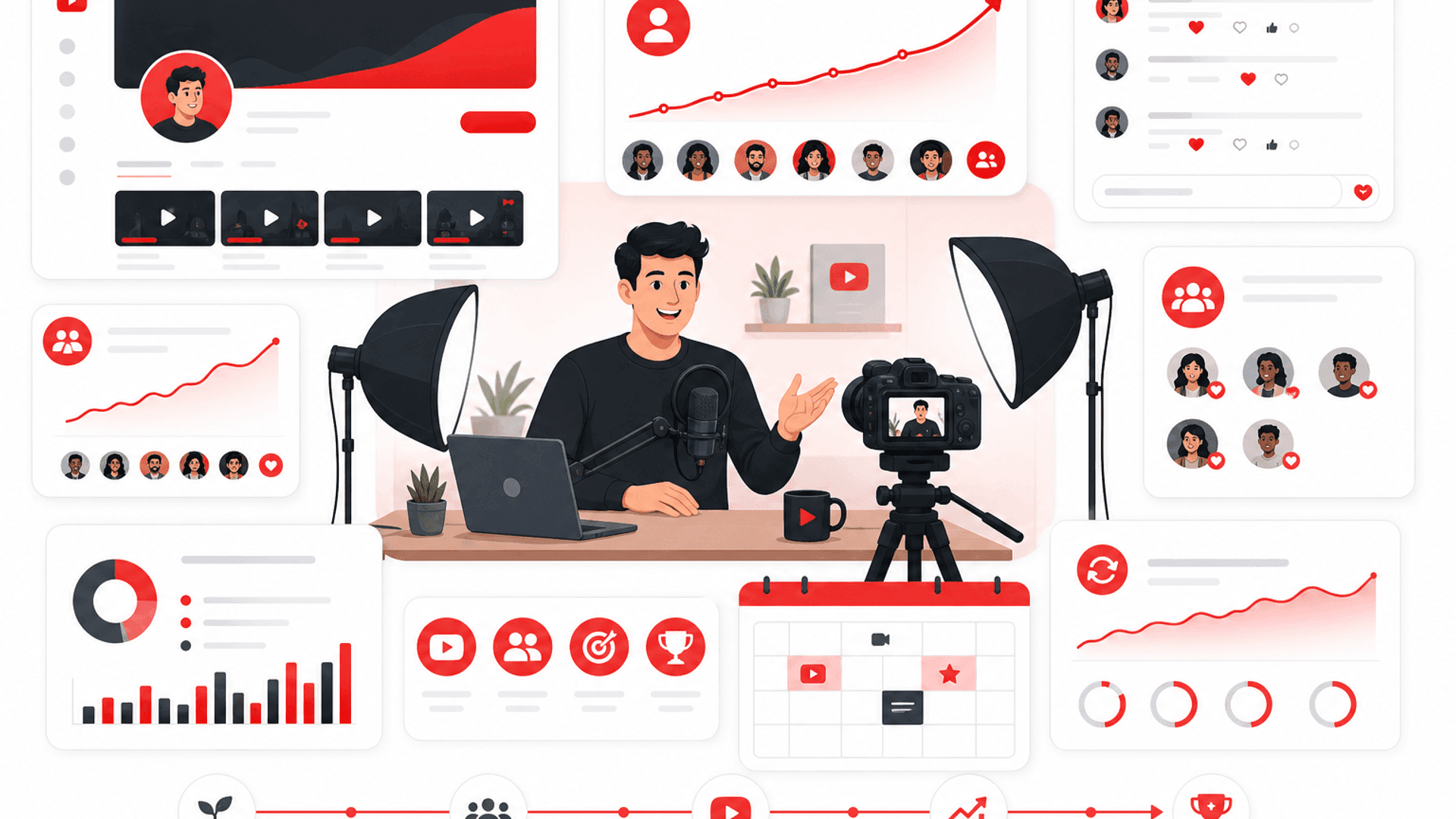 Illustration showing a YouTube creator growing subscribers through valuable content, audience engagement, channel optimization, consistent publishing and long-term community building.