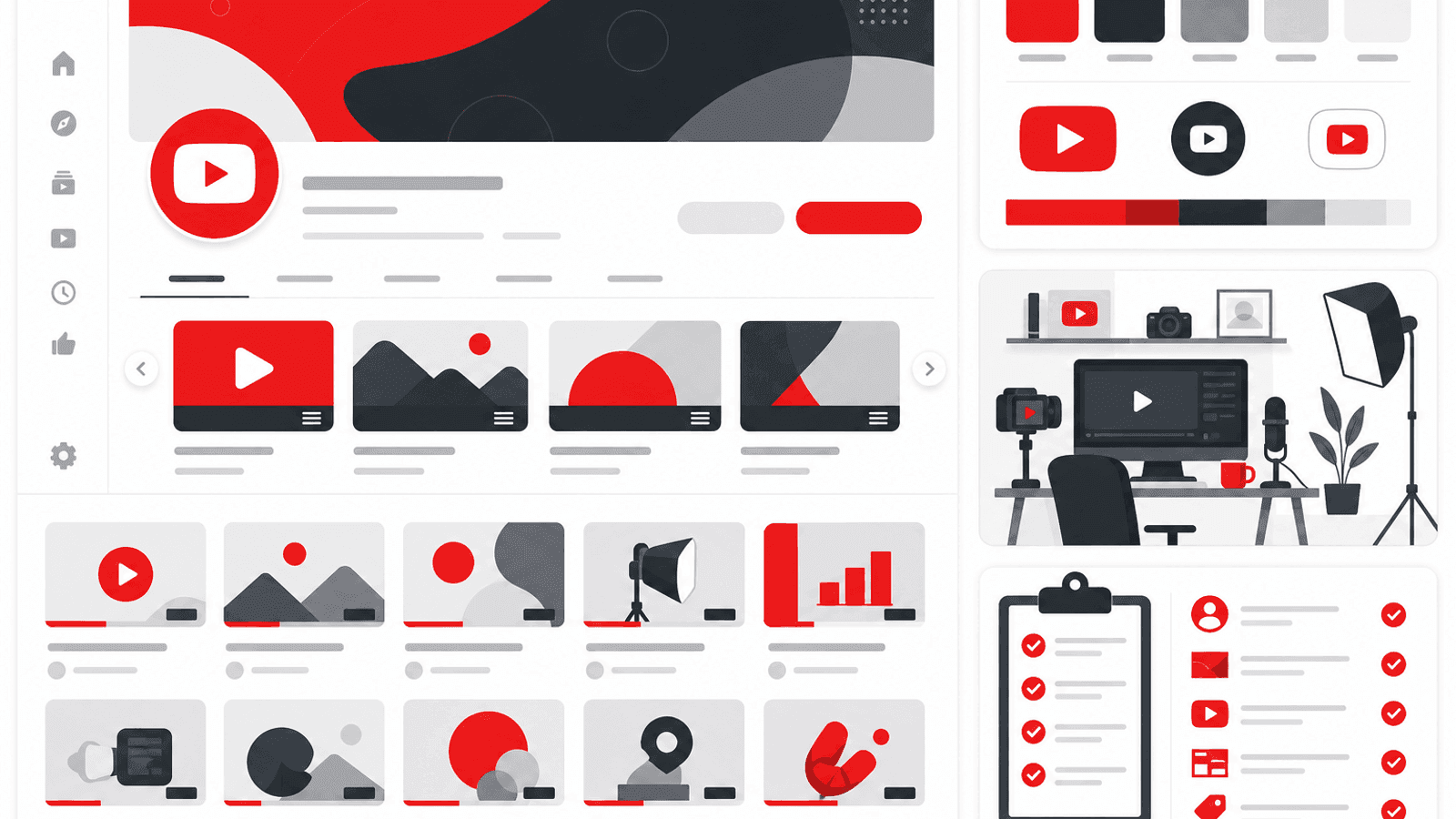 Illustration showing YouTube channel branding with banner artwork, profile image, playlists, consistent visual identity and professional channel organization.