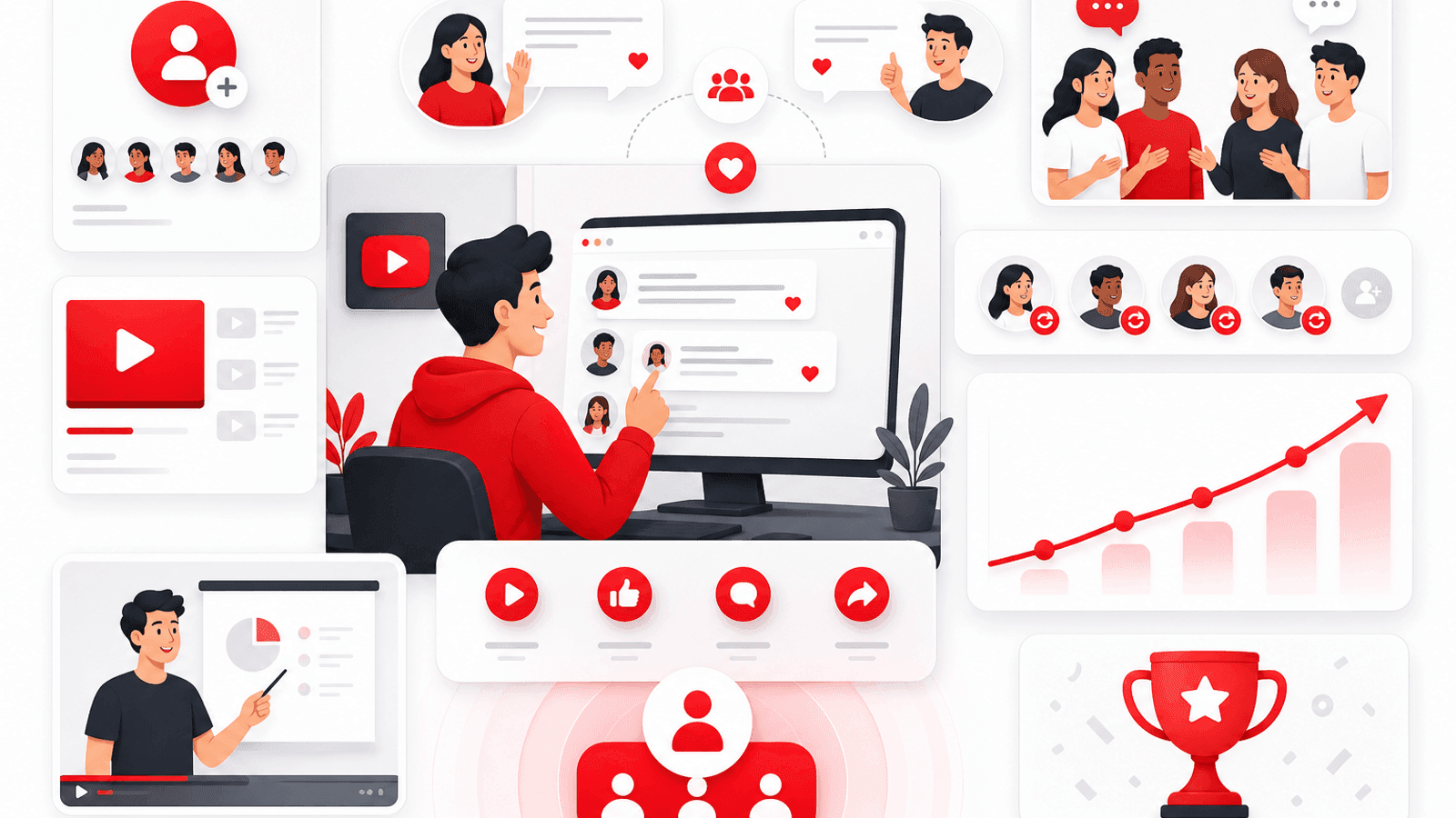 Illustration showing YouTube community growth through audience engagement, comments, subscribers, returning viewers and valuable educational content.