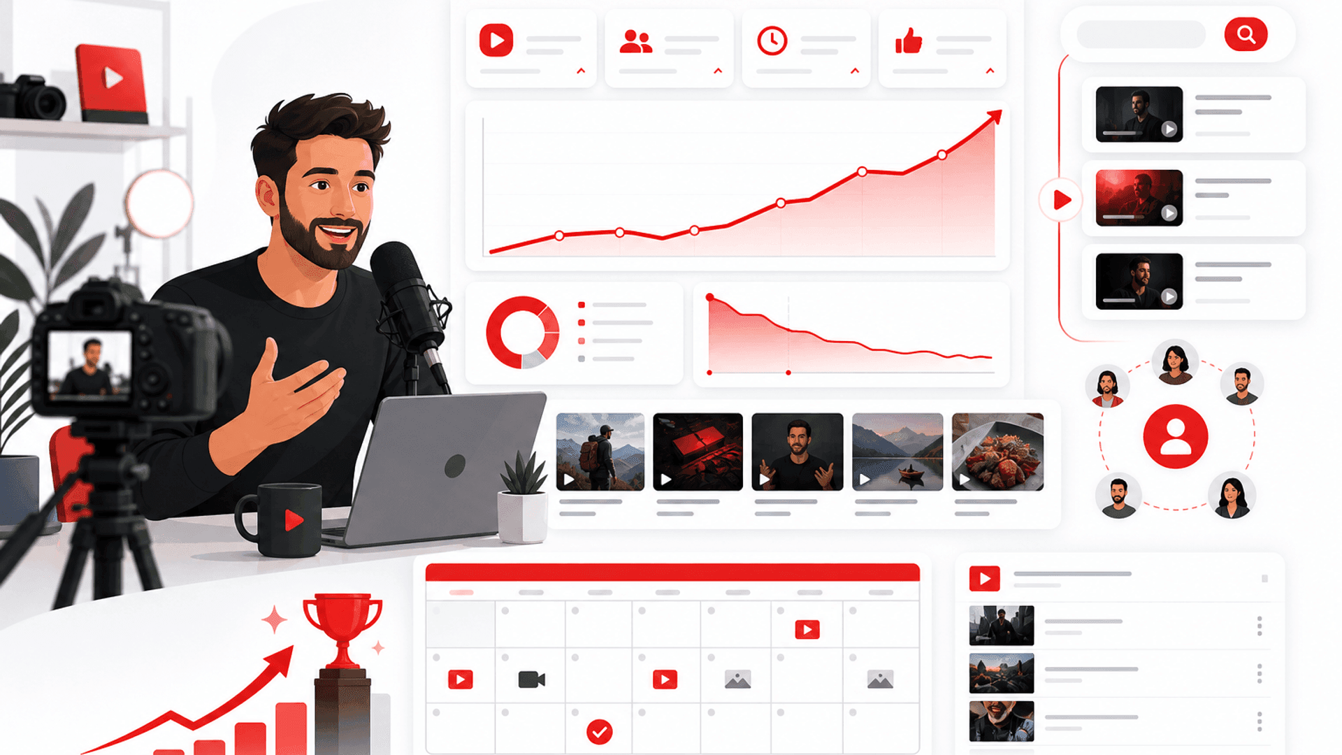 Illustration showing a YouTube creator increasing video views through SEO, engaging thumbnails, audience retention, content optimization and analytics.