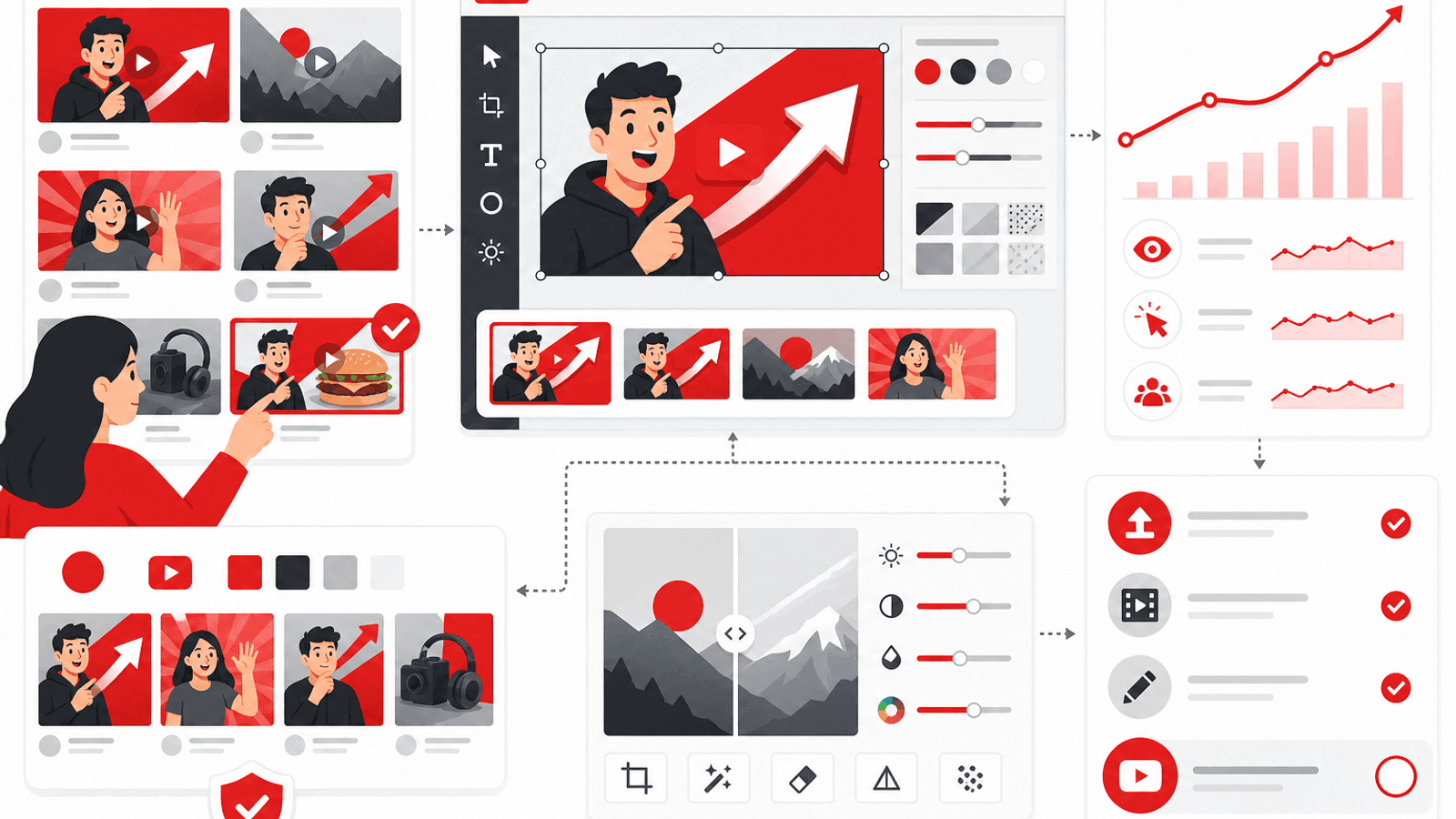 Illustration showing YouTube thumbnail optimization with attractive visuals, consistent branding, higher click-through rate and improved video discoverability.