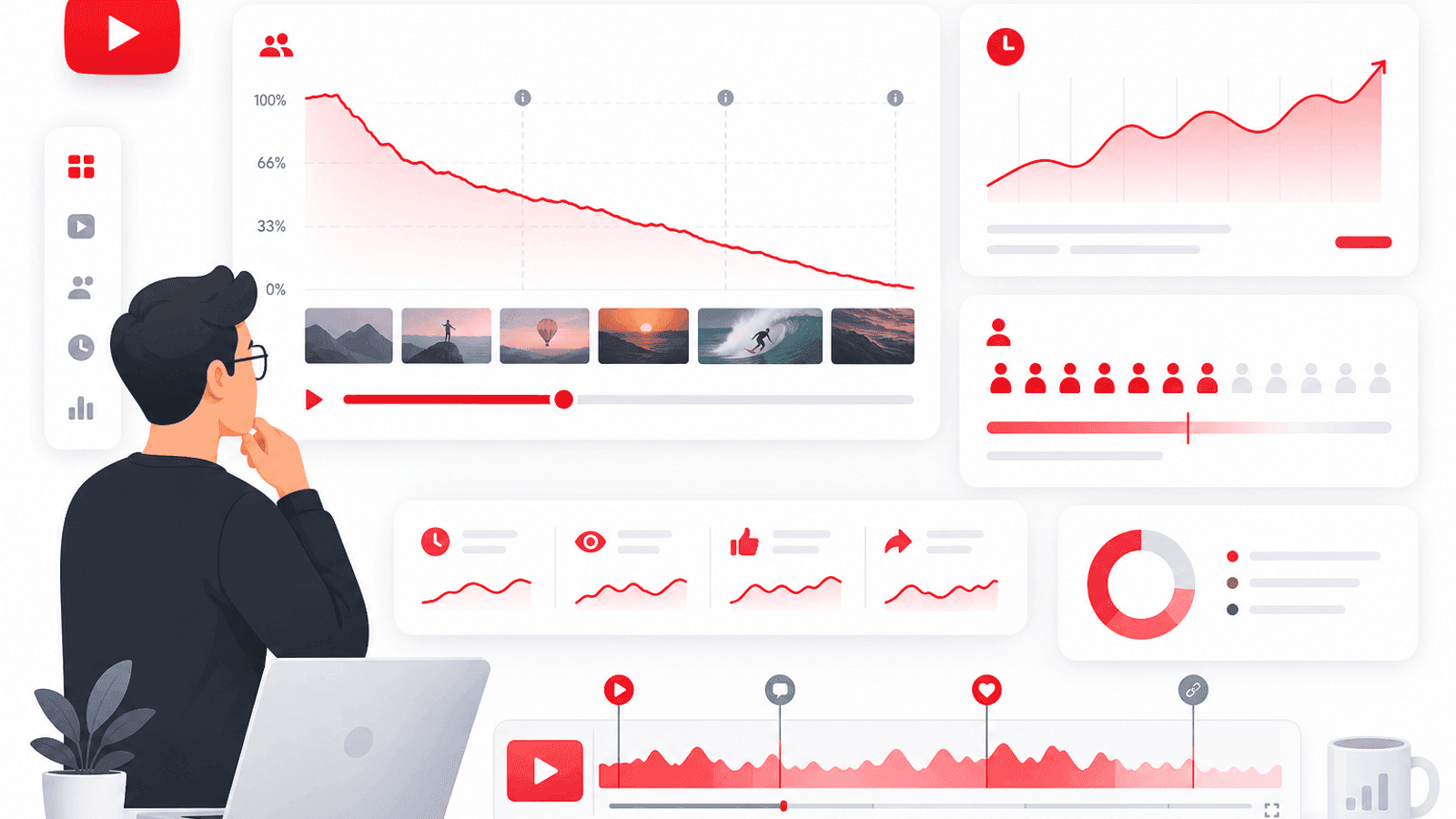 Illustration showing YouTube audience retention with watch time graphs, viewer journey, video timeline and engagement improvements.