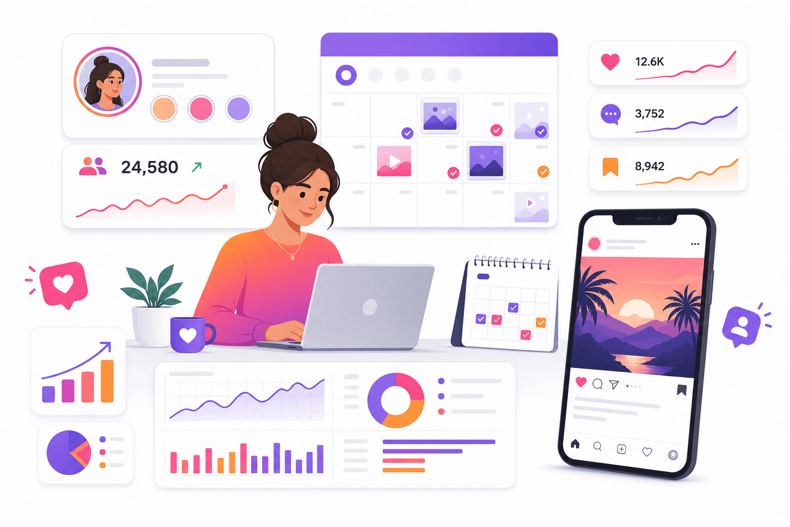 Illustration showing organic Instagram growth with profile optimization, content strategy, audience engagement and analytics dashboard.