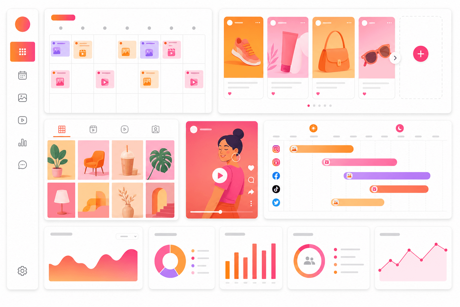 Content planning dashboard for Instagram showing posts, reels, carousel ideas and publishing calendar.
