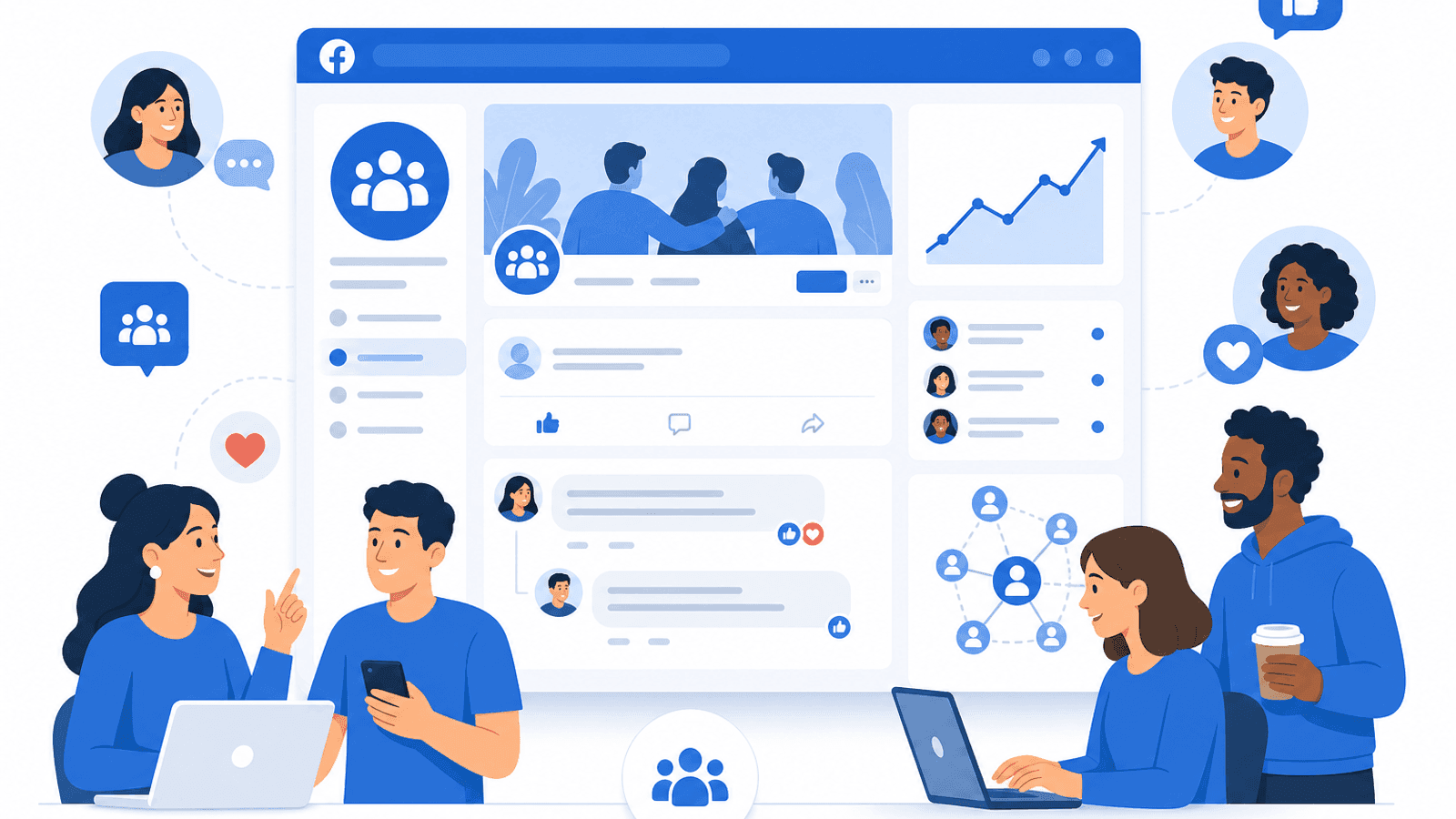 Illustration showing meaningful Facebook community conversations with comments, discussions, audience participation and customer interaction.