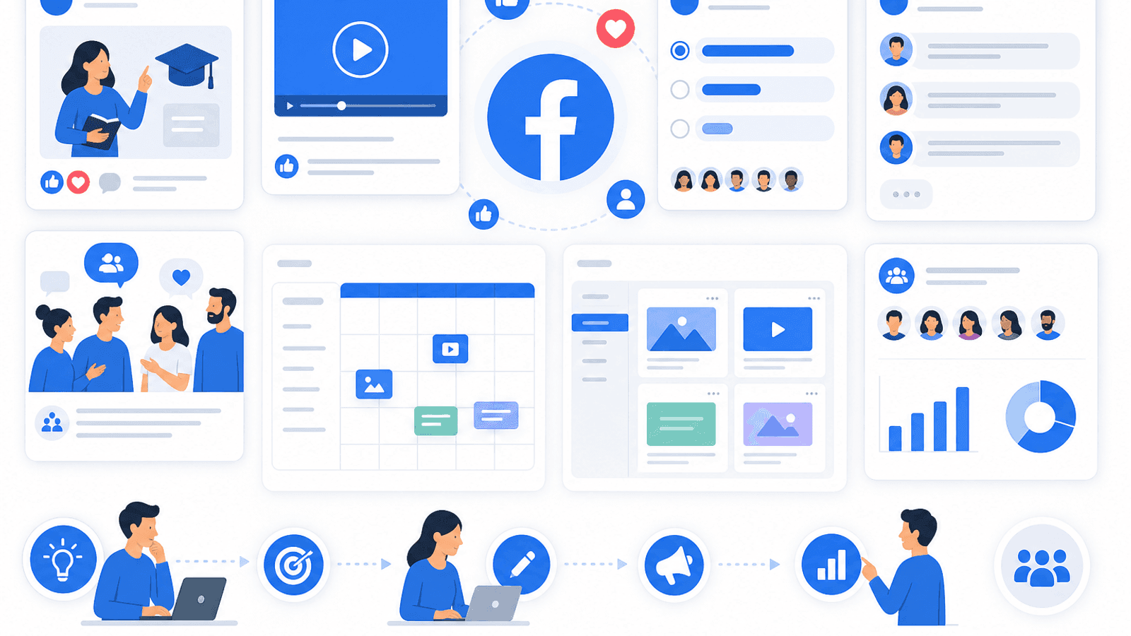 Illustration showing a Facebook engagement strategy using educational posts, videos, polls, community discussions and consistent publishing.