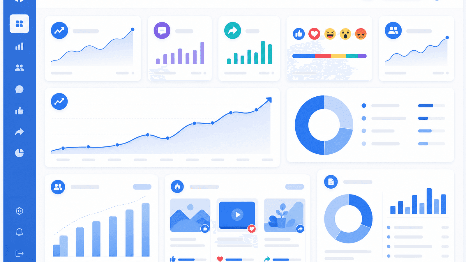 Business analytics dashboard displaying Facebook engagement rate, comments, shares, reactions, audience growth and monthly content performance.