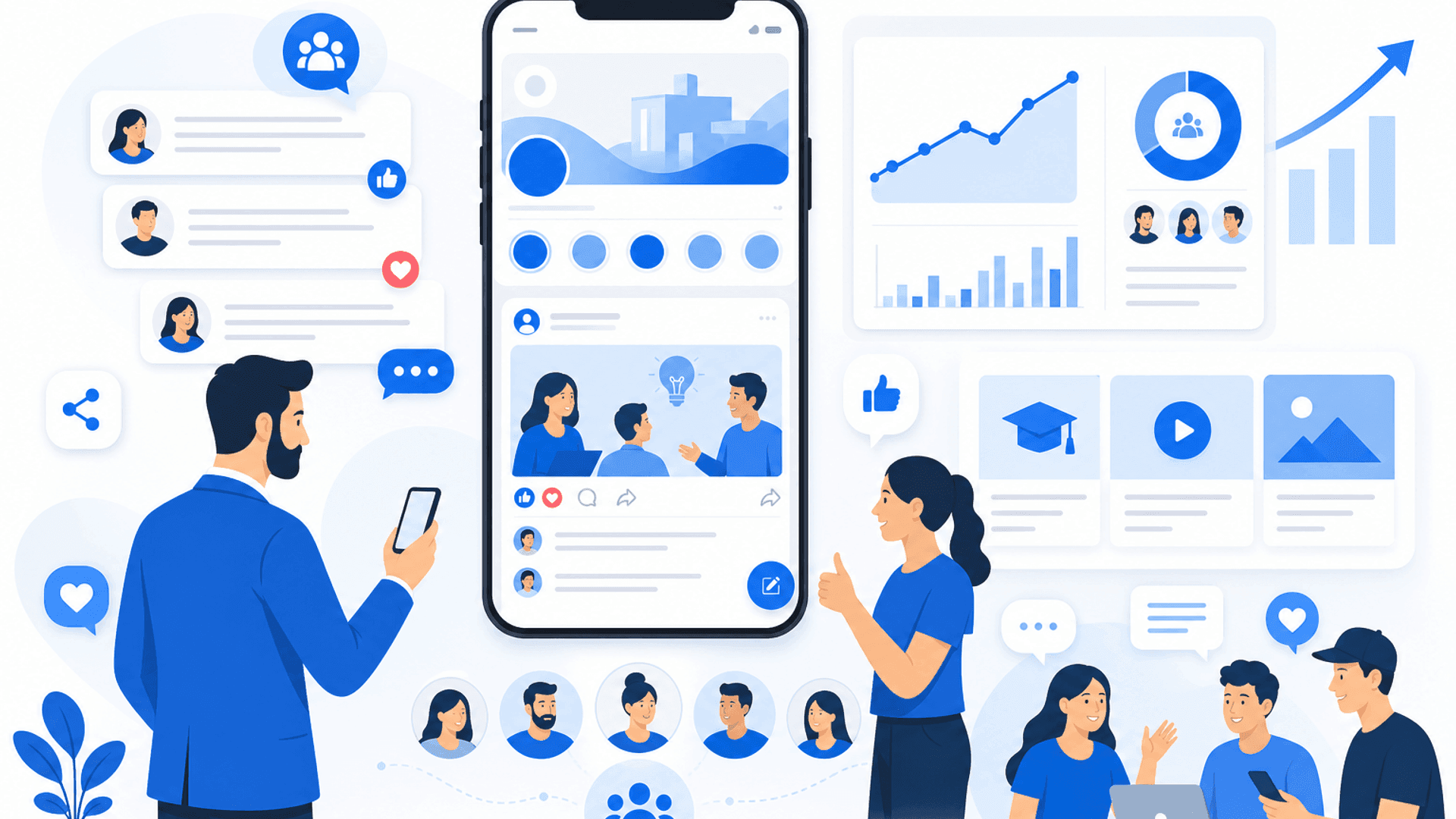 Illustration showing strategies to increase Facebook engagement through meaningful conversations, reactions, comments, shares, community building and audience interaction.