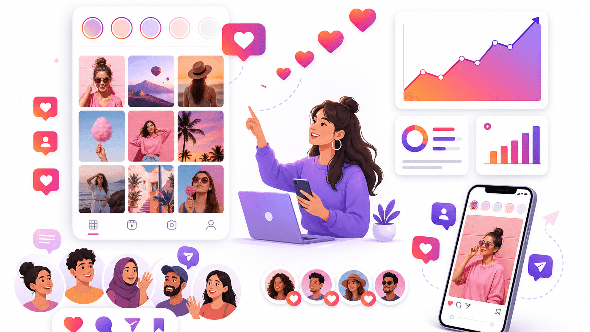 Illustration showing Instagram engagement growth through quality content, audience interaction, comments, shares, saves and analytics.
