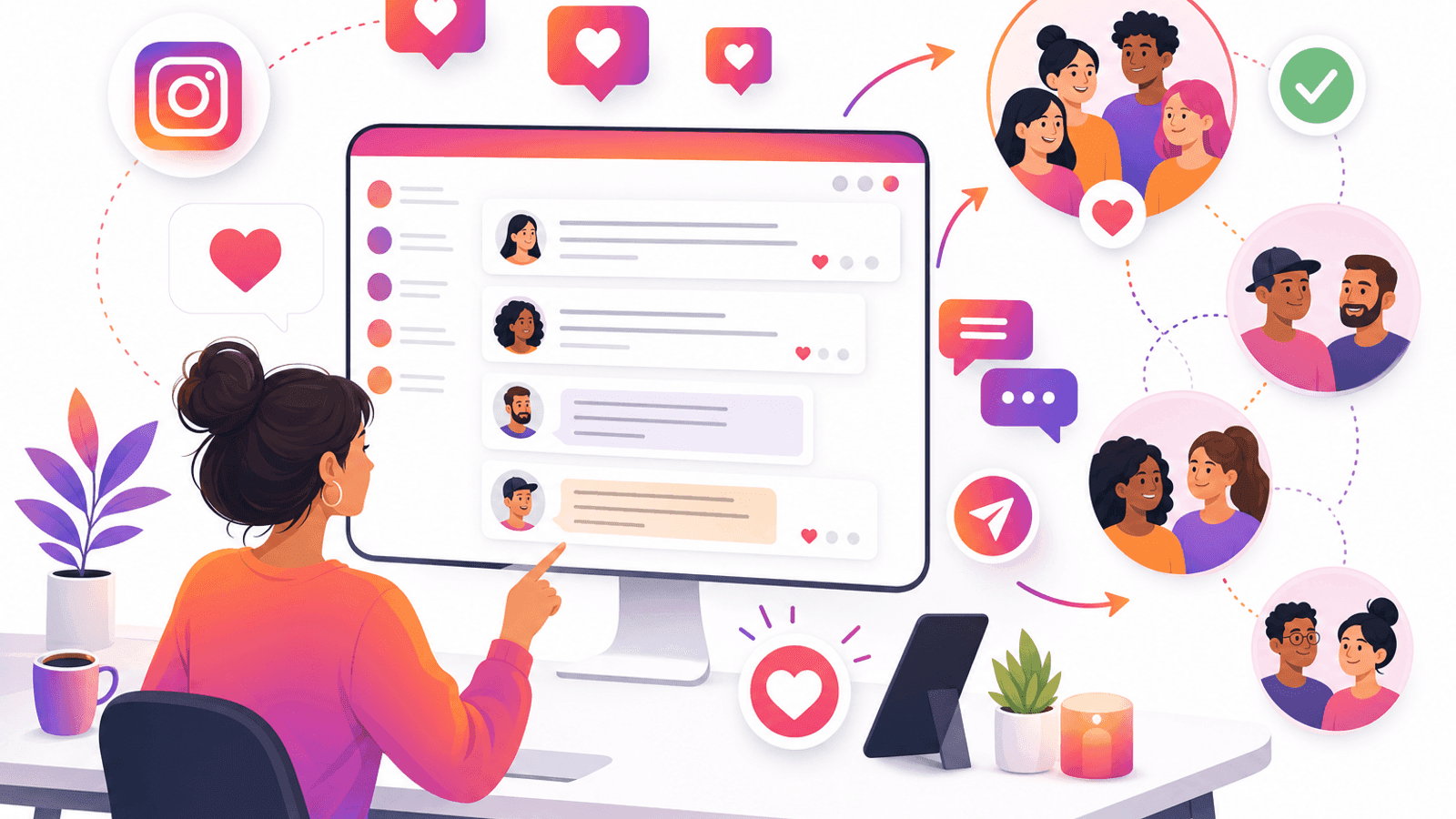 Illustration showing a creator responding to Instagram comments and building community engagement.
