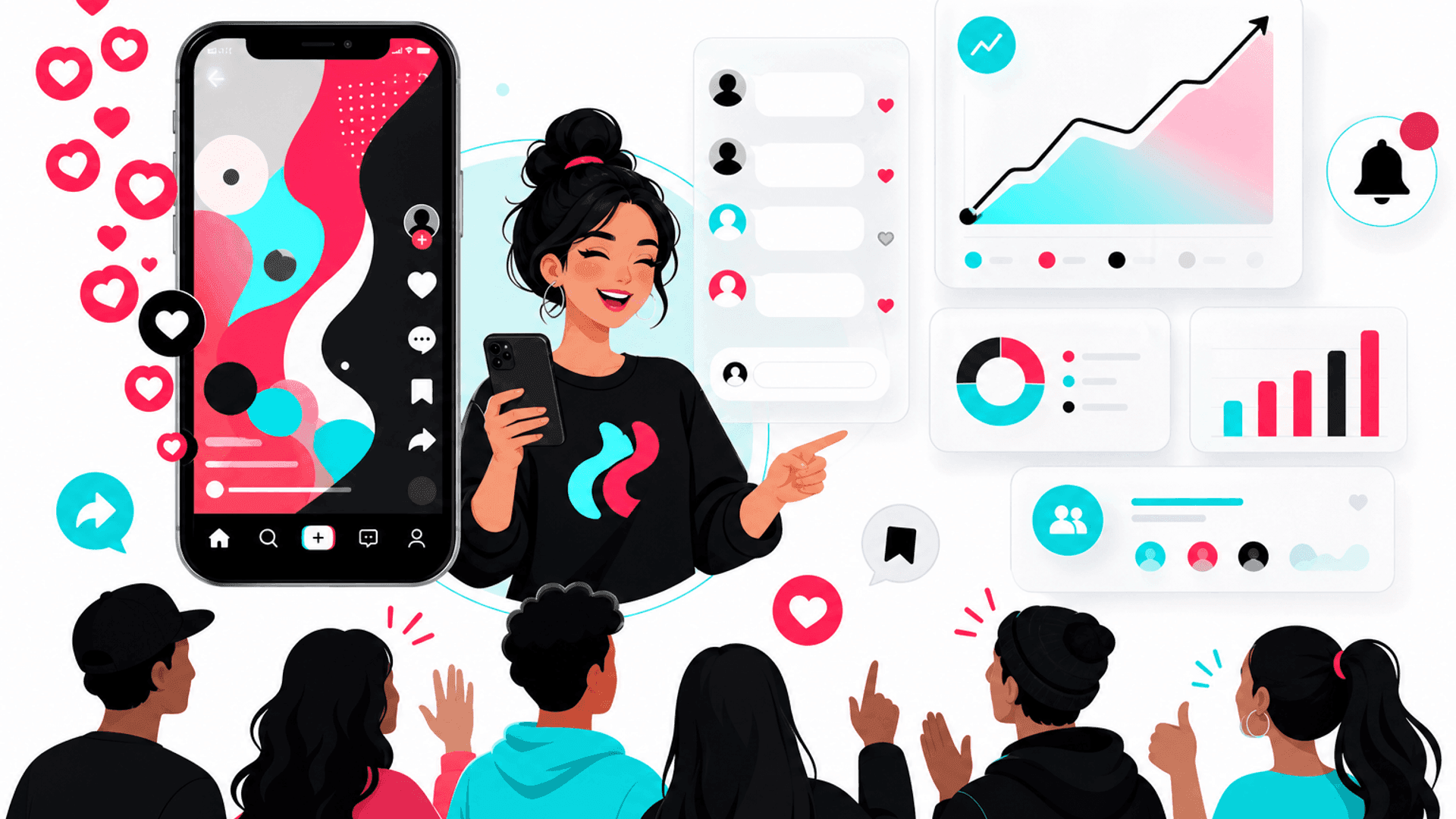 Illustration showing TikTok engagement growth through likes, comments, shares, audience interaction and video performance analytics.